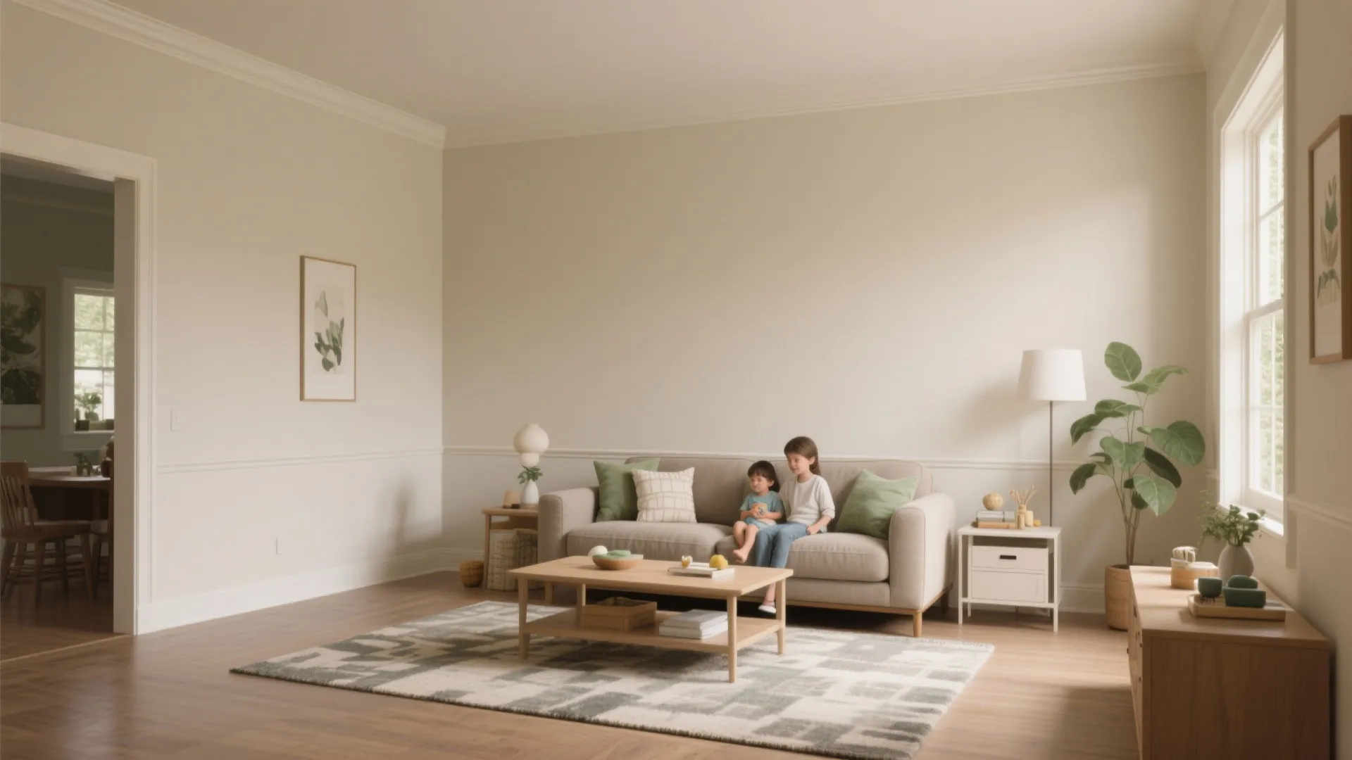 Two young children sitting on beige sofa in bright living room with wooden coffee table