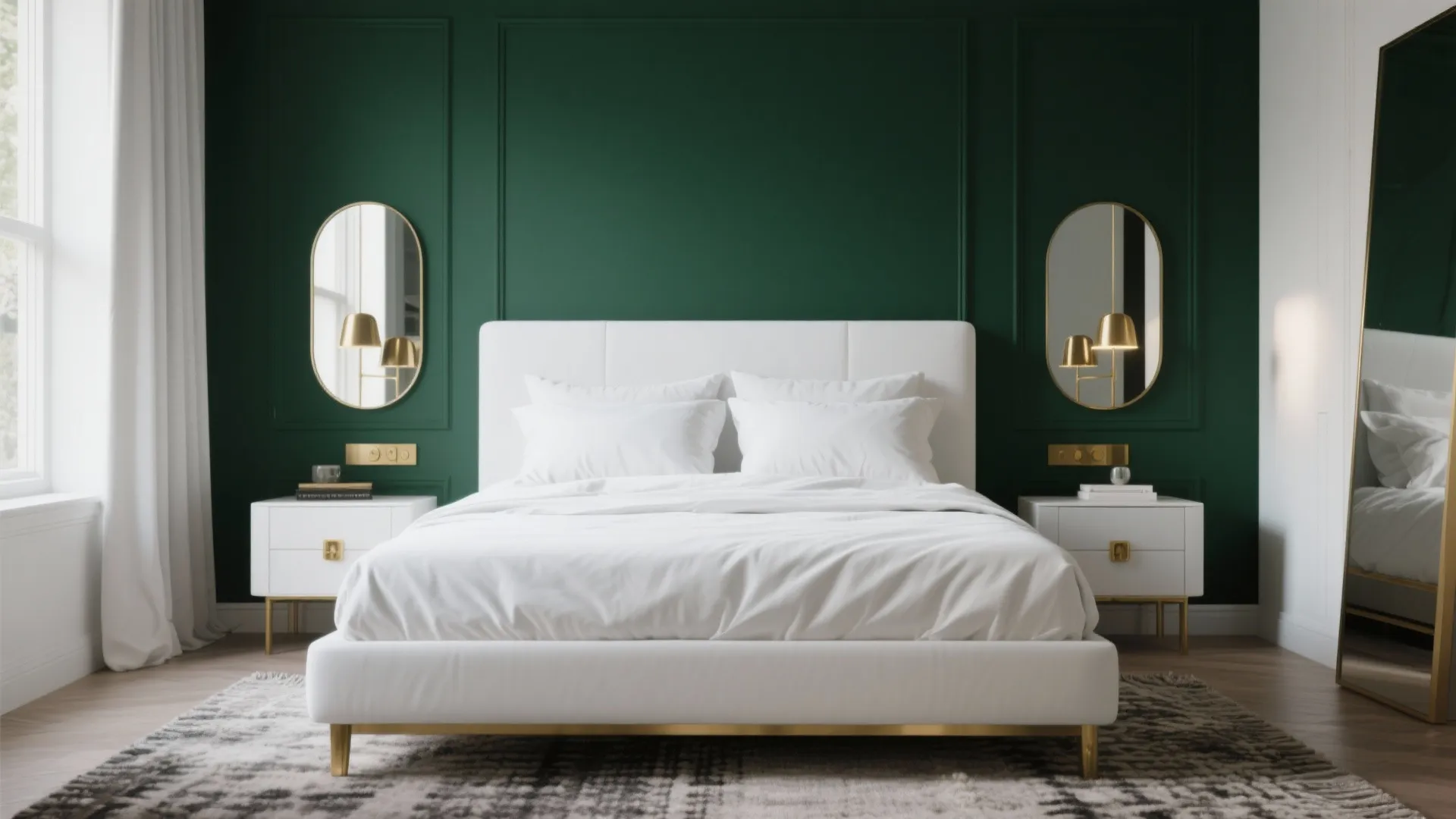 Luxury bedroom featuring dark green wall panels white bed gold mirrors and white bedside tables design