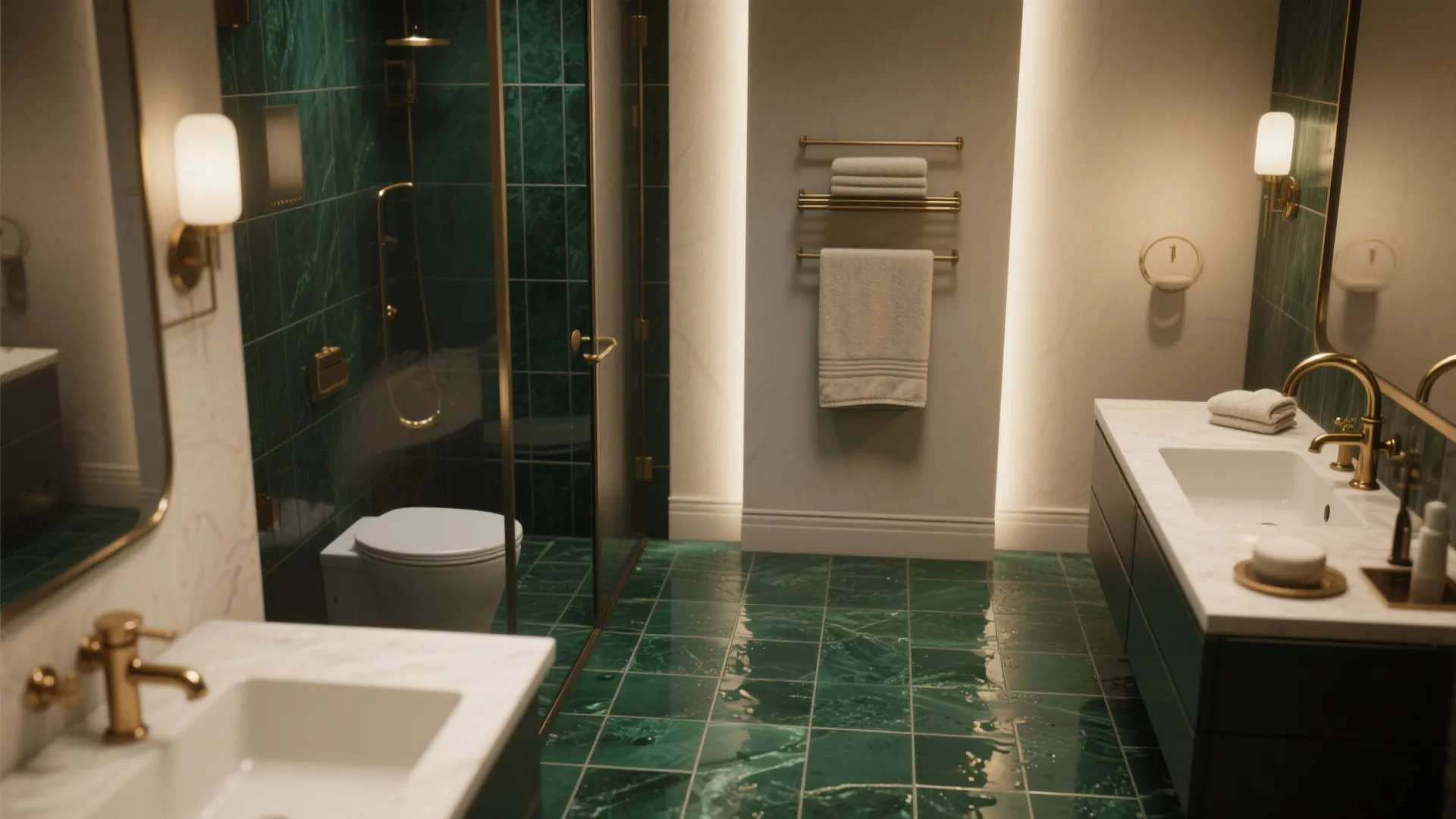 Boutique-style bathroom with deep emerald matte porcelain floor and matte brass fixtures.