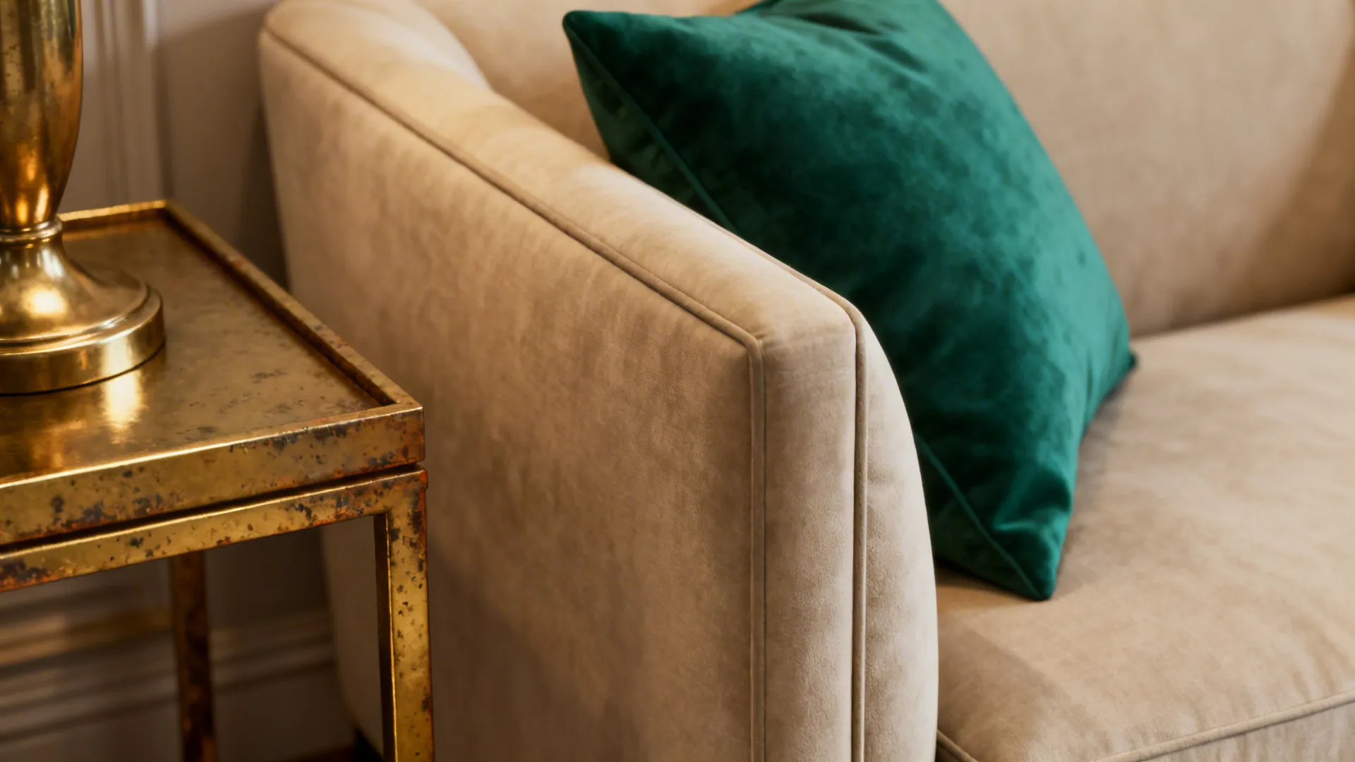 Beige sofa with emerald pillows and warm brass metallic accents in close-up.