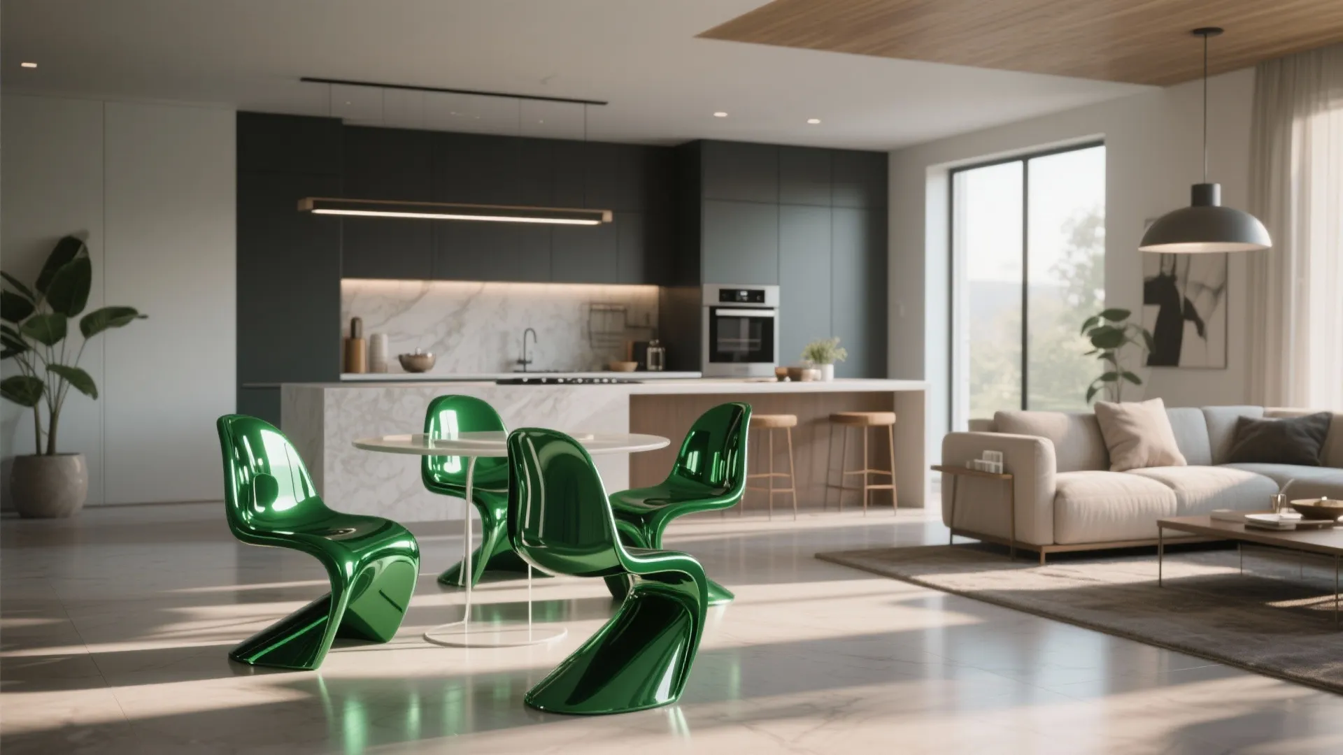 Open plan living space with glossy green chairs around white table near beige fabric sofa