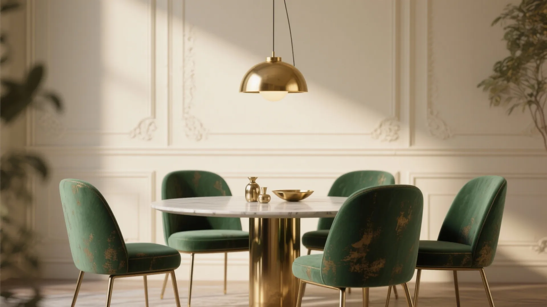 Emerald dining chairs contrasted with a cream feature wall and brass pendant lighting.