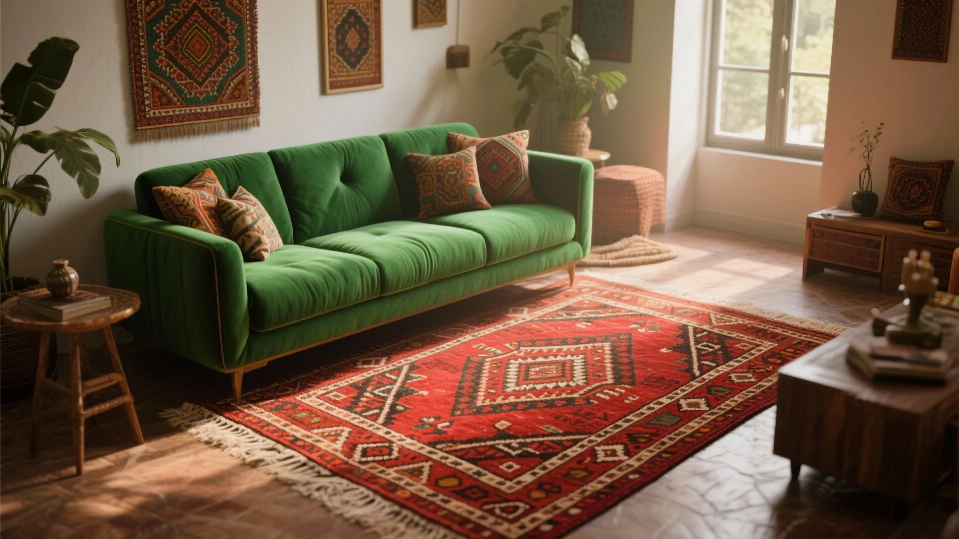 Emerald green sofa over bold Moroccan patterned rug