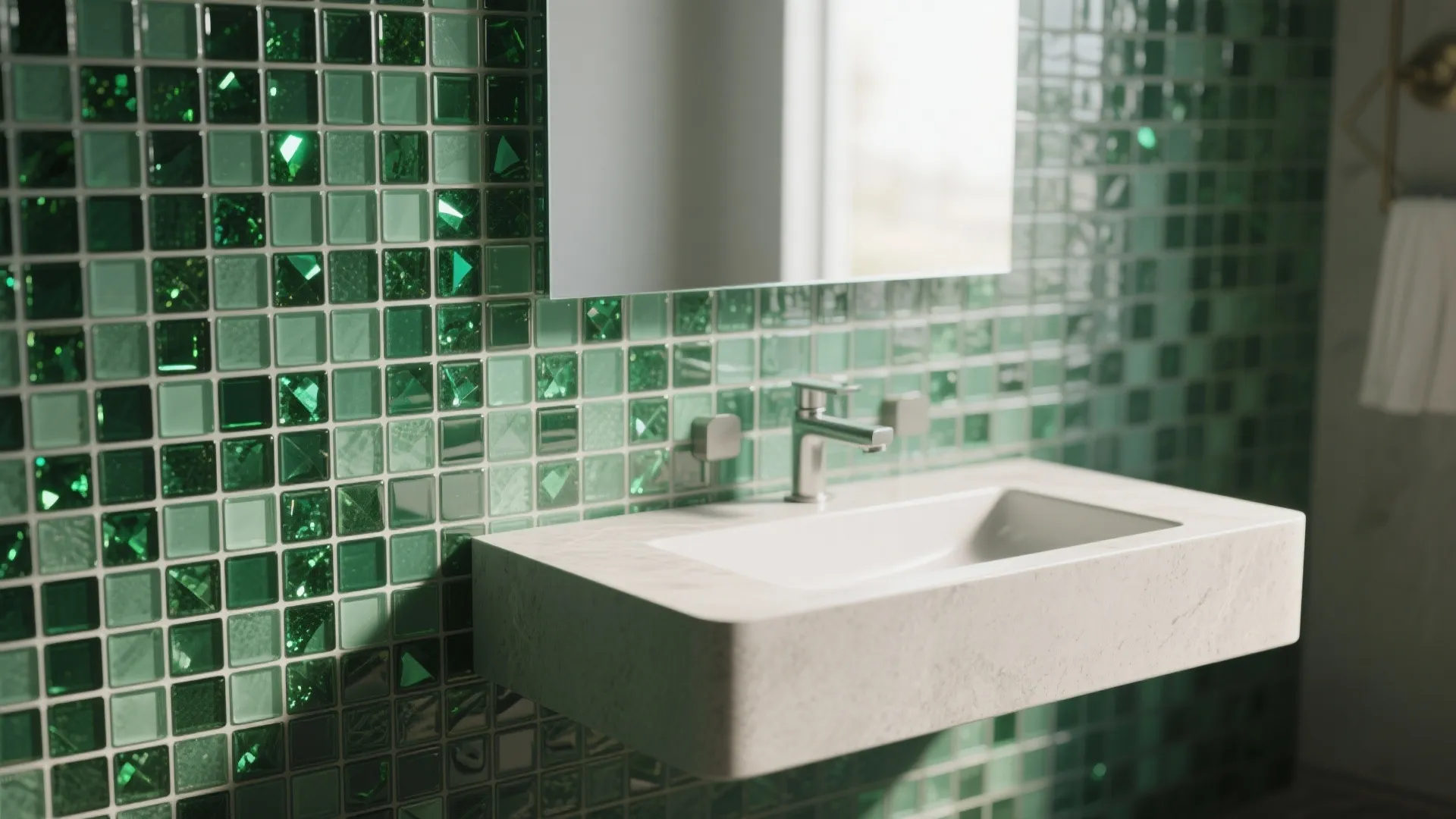 Floating vanity with emerald mosaic backsplash showing small tessellated tile texture