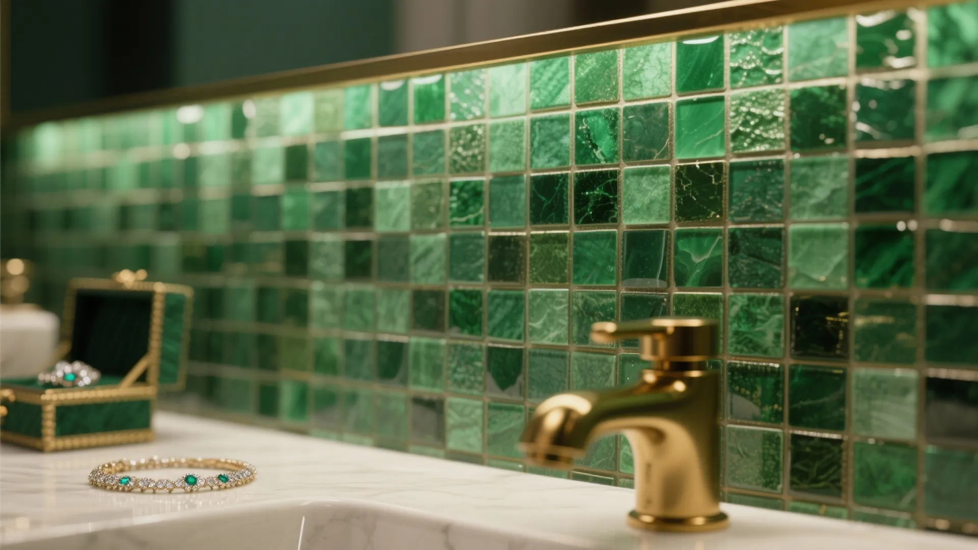 Close-up of emerald mosaic backsplash tiles with brass faucet detail.