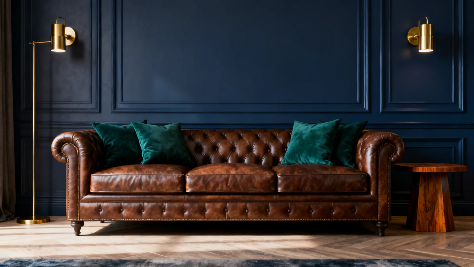 Brown leather sofa with emerald pillows and a navy accent wall, brass lighting and wood side table.