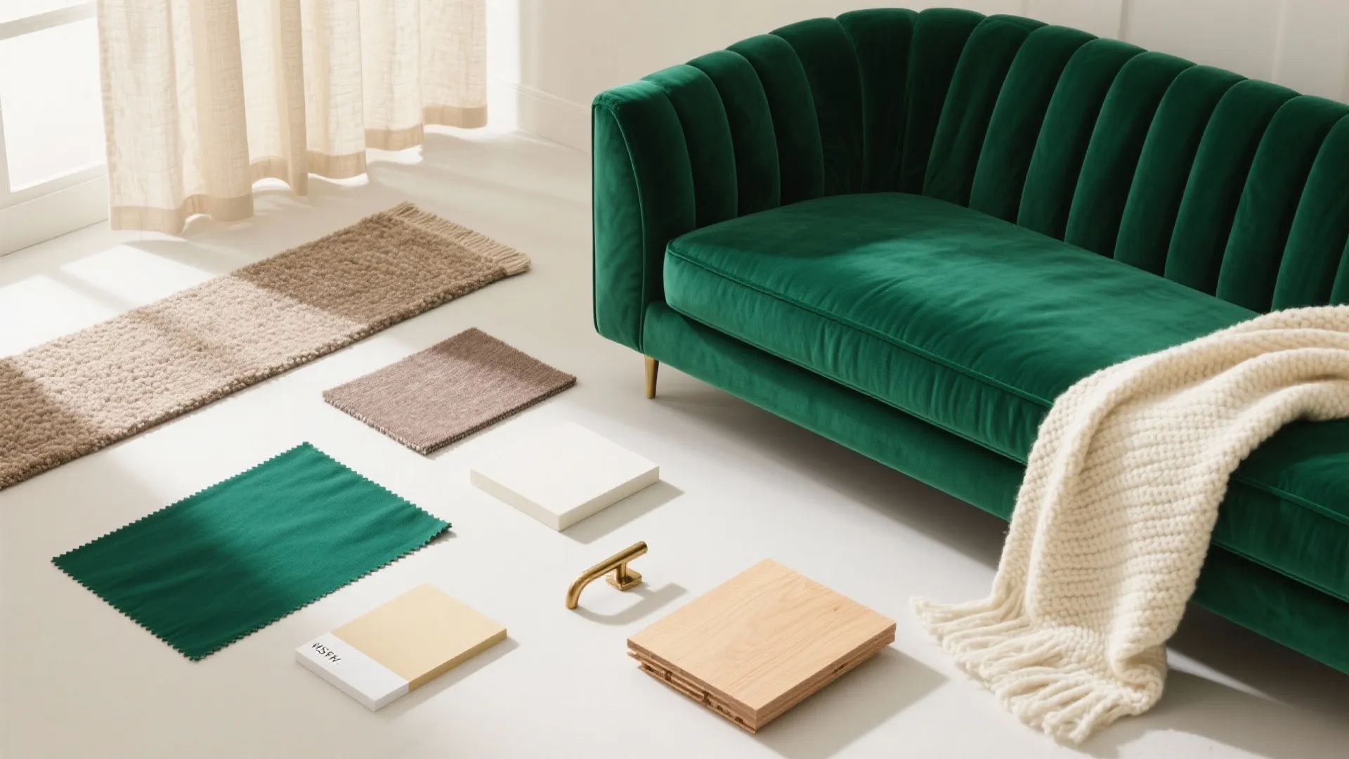 Emerald green velvet sofa with various fabric samples wood flooring pieces and a white blanket
