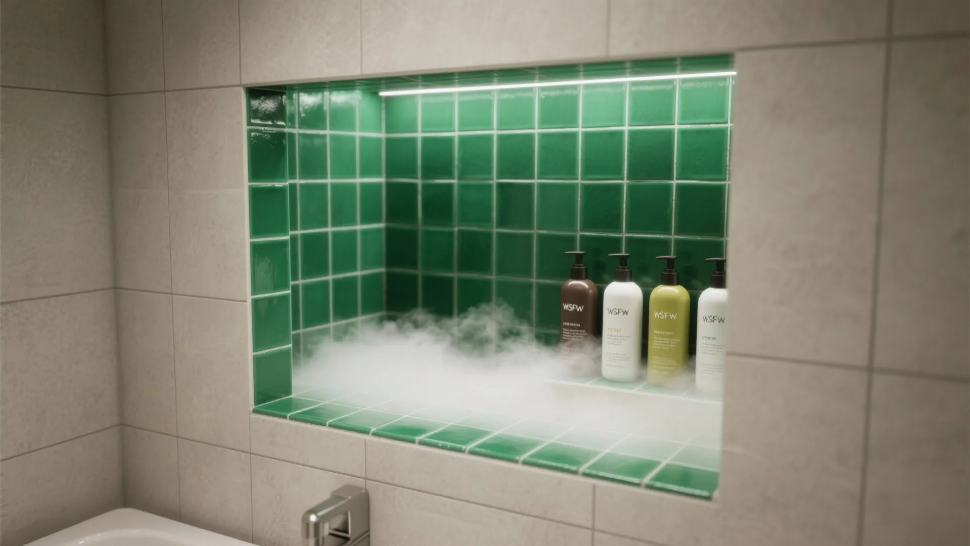 4. Emerald accent niche in a neutral shower