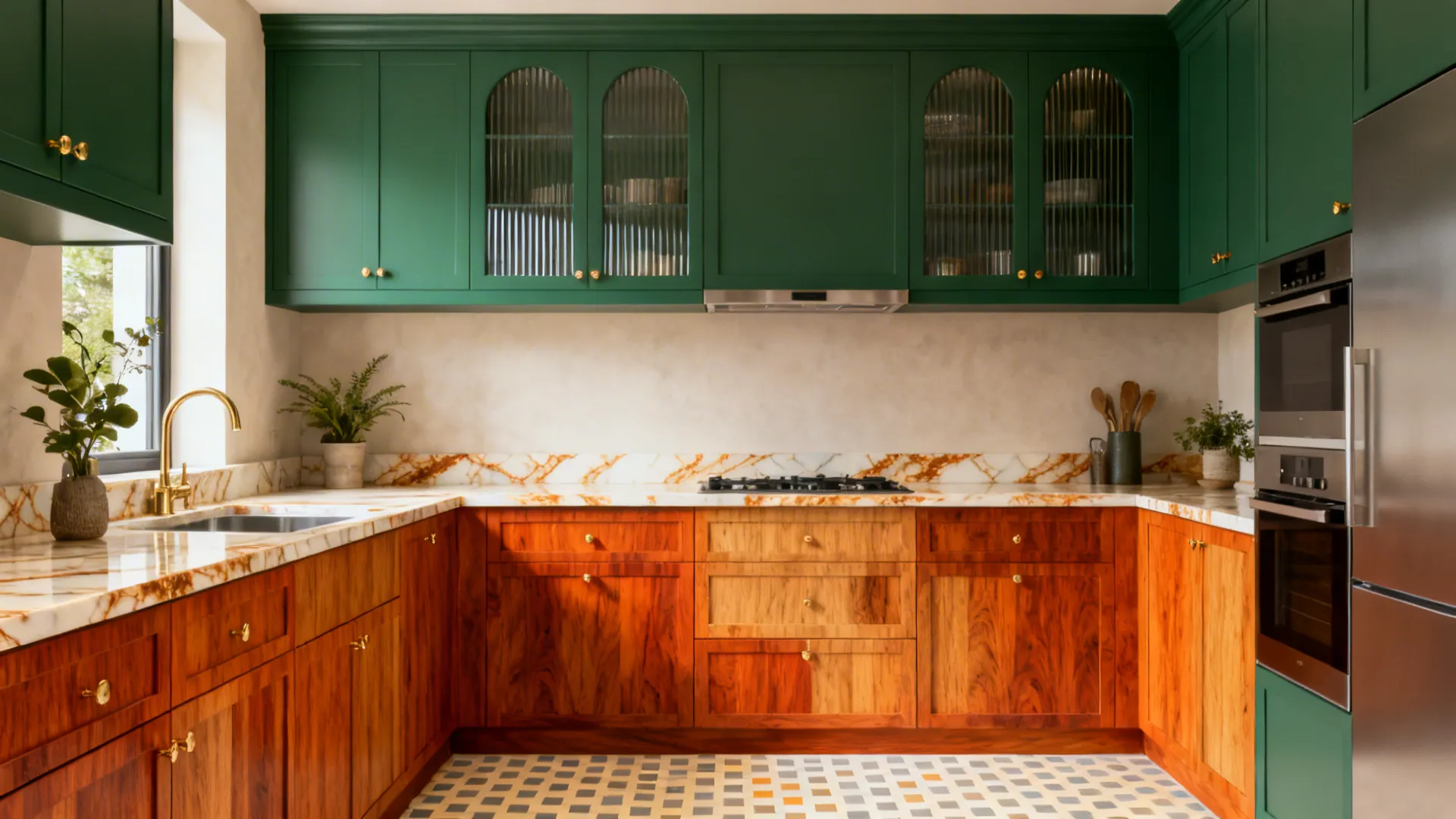 Emerald cabinetry with warm-toned wood and a subtle checkerboard floor.
