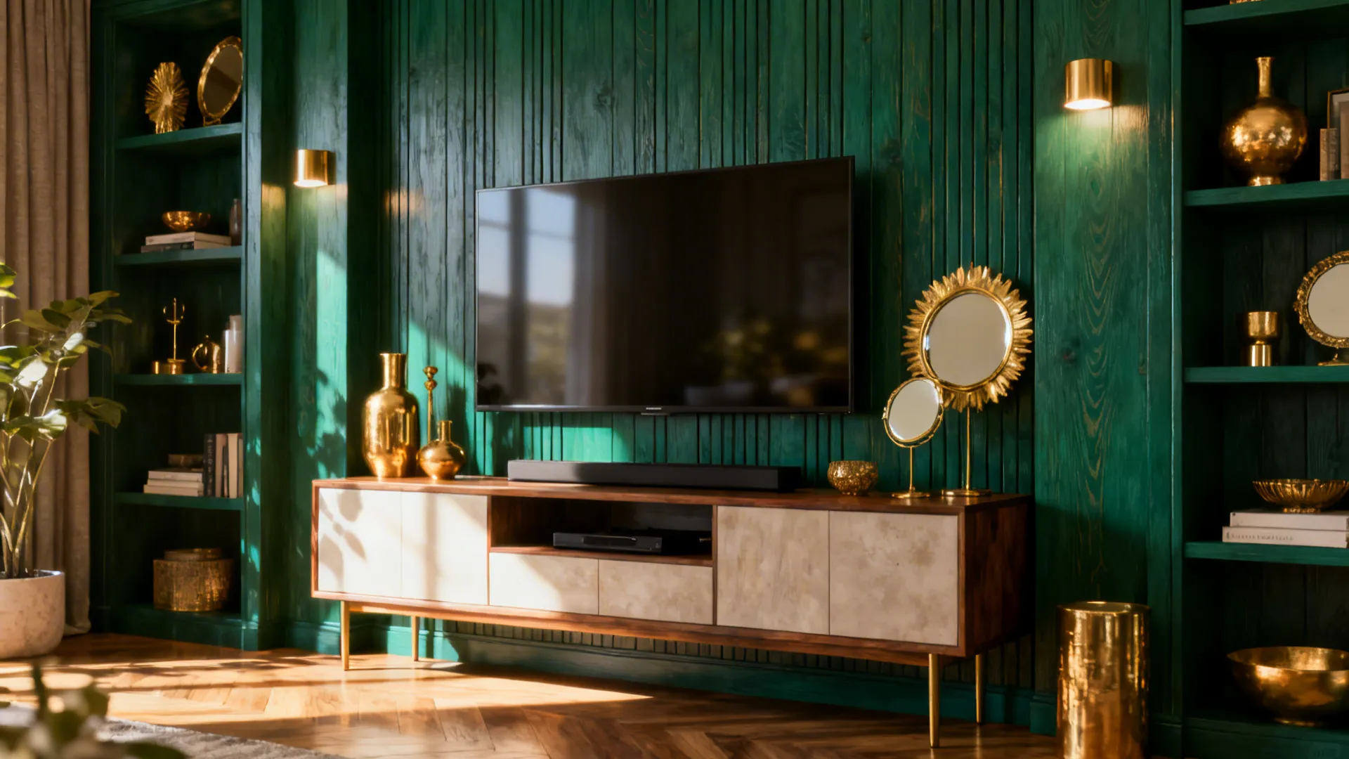 Room with deep emerald wood paneling, gold decor and mirrors to bounce light
