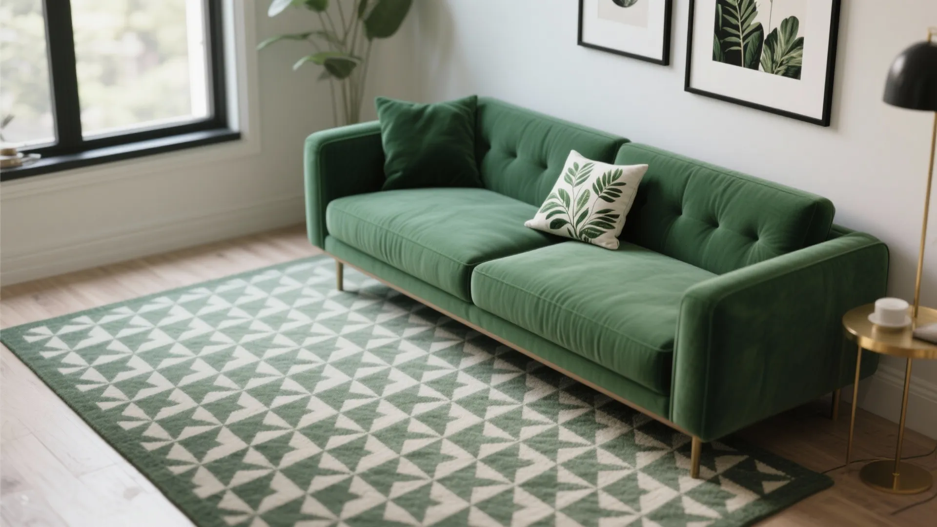 Green sofa on patterned rug with white walls, gold table, black lamp, and wall pictures