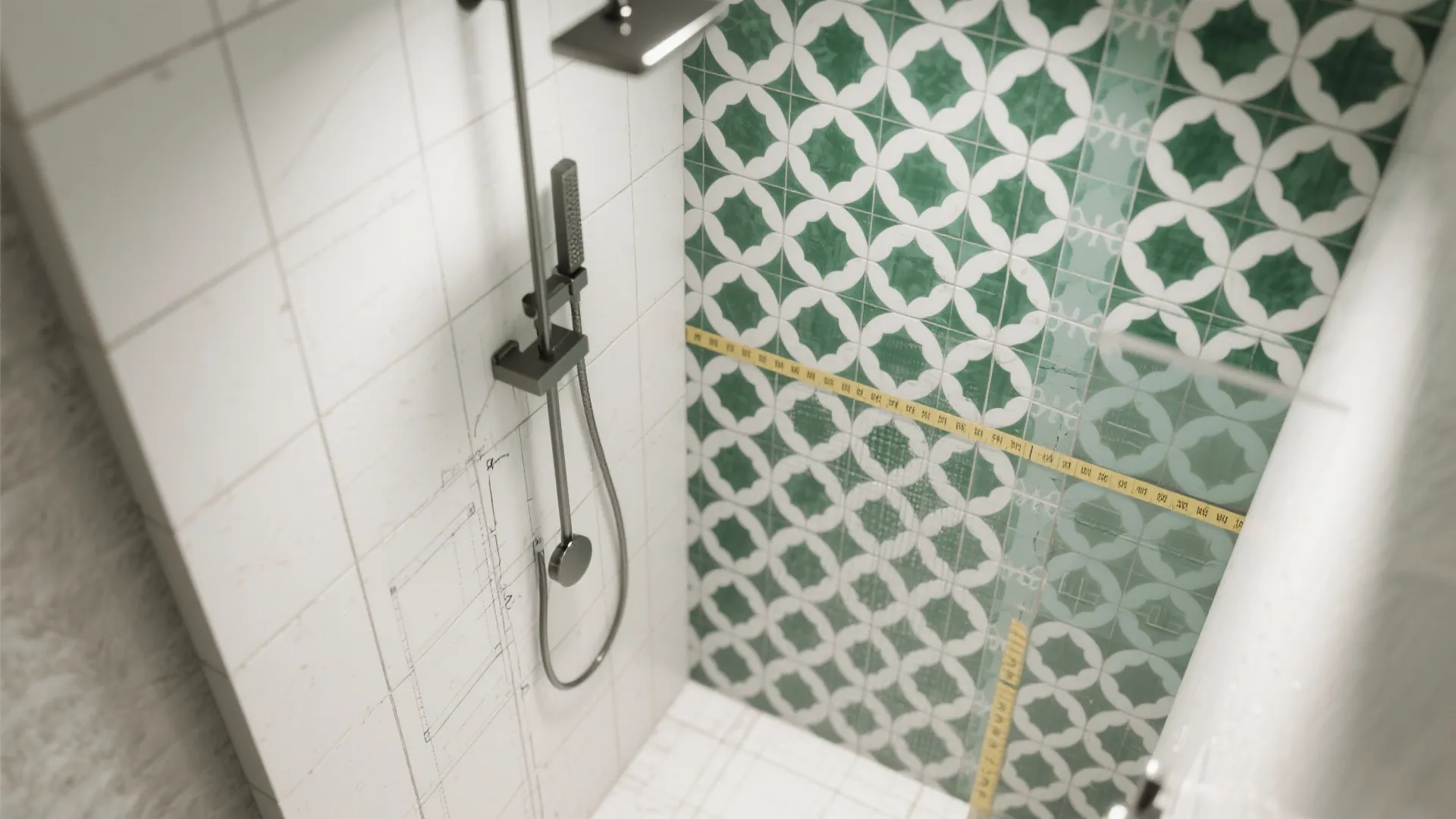 Shower feature wall with alternating emerald and white geometric tiles laid in a pattern