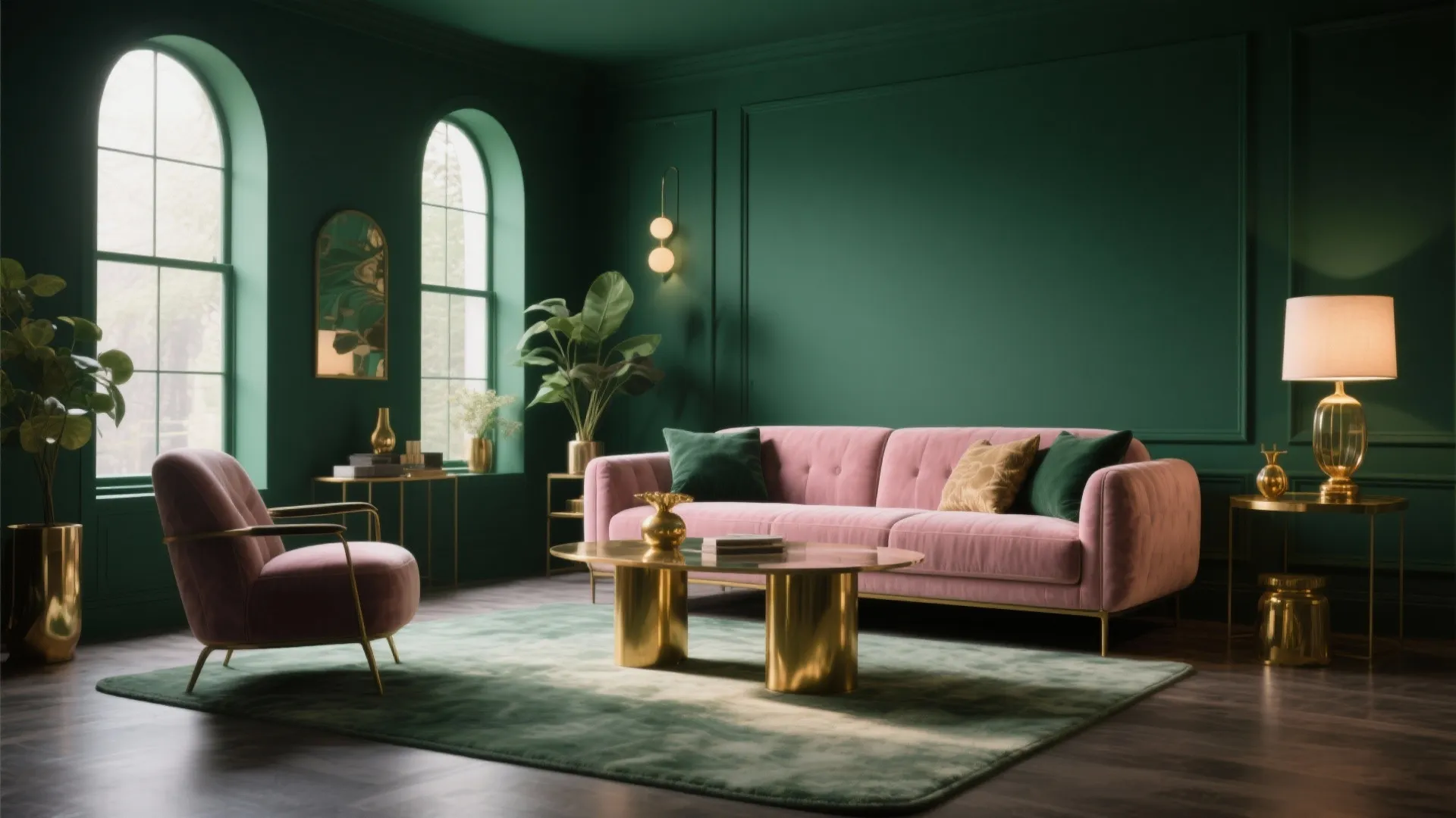 2. Deep Emerald with Soft Pink Furnishings