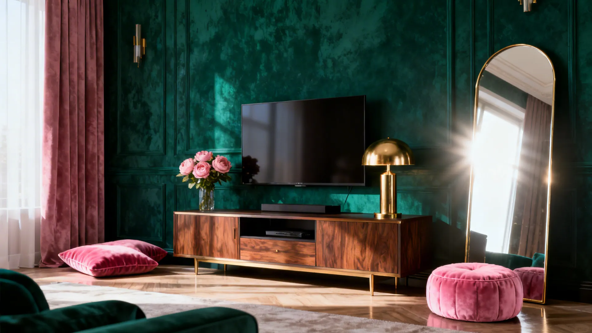 Living room with an emerald accent wall, pink velvet cushions and brass highlights
