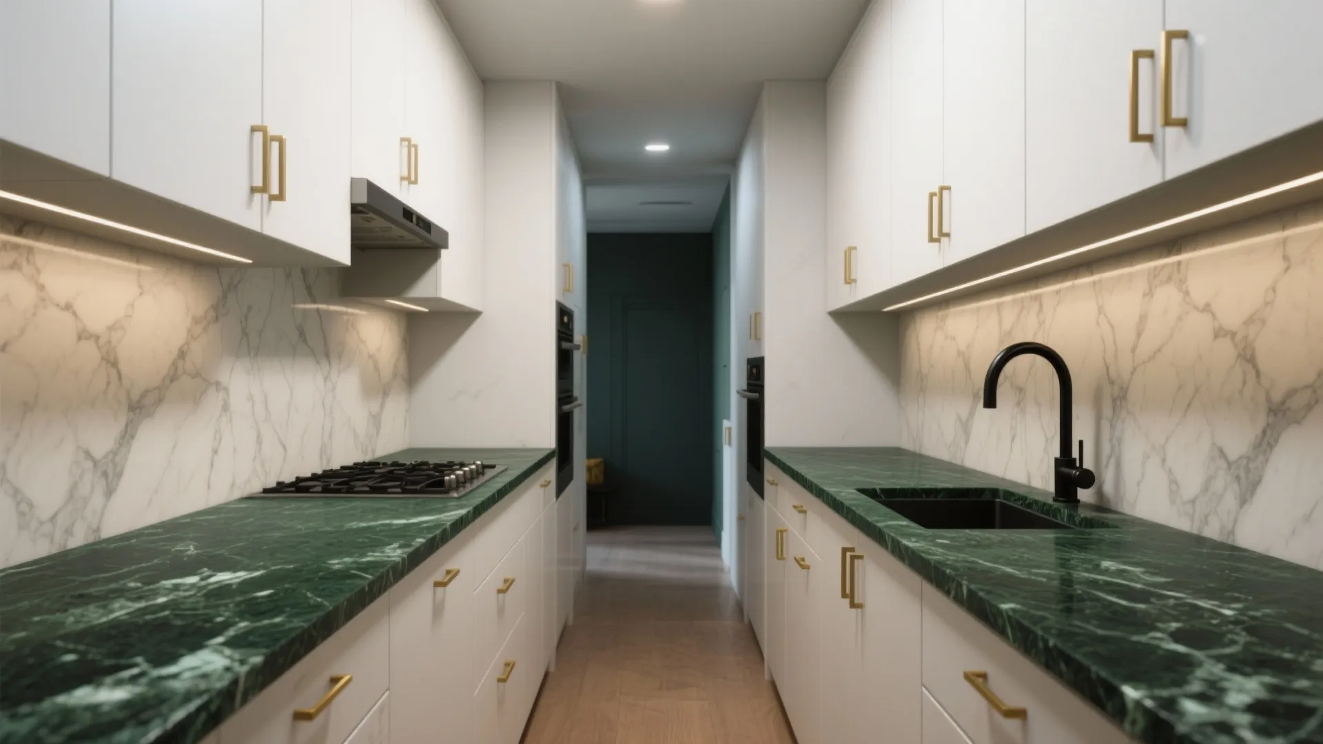 Small narrow kitchen with white cabinets gold handles and dark green marble style stone work surfaces