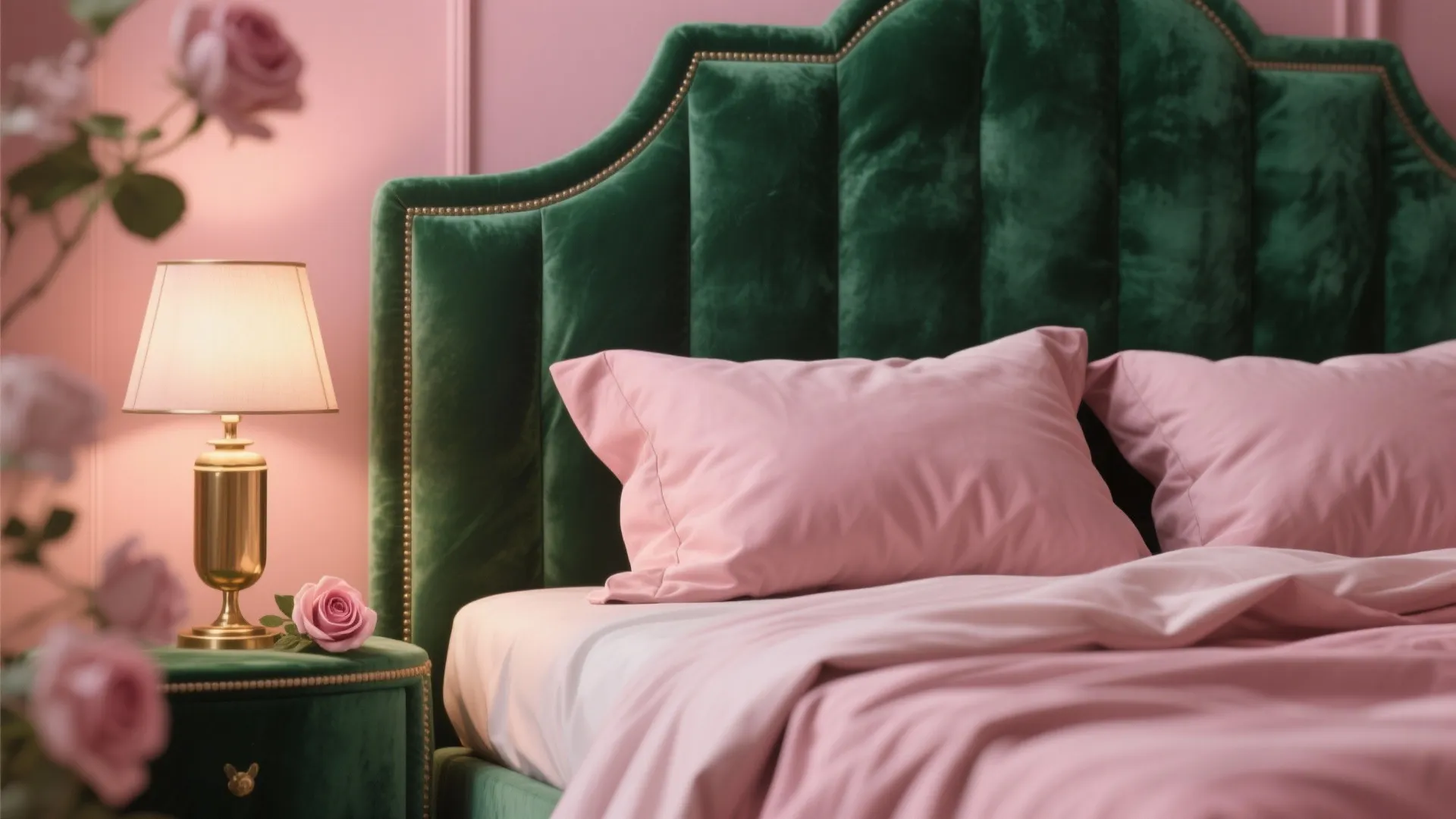 Green velvet bed with pink pillows next to a gold table lamp and pink roses