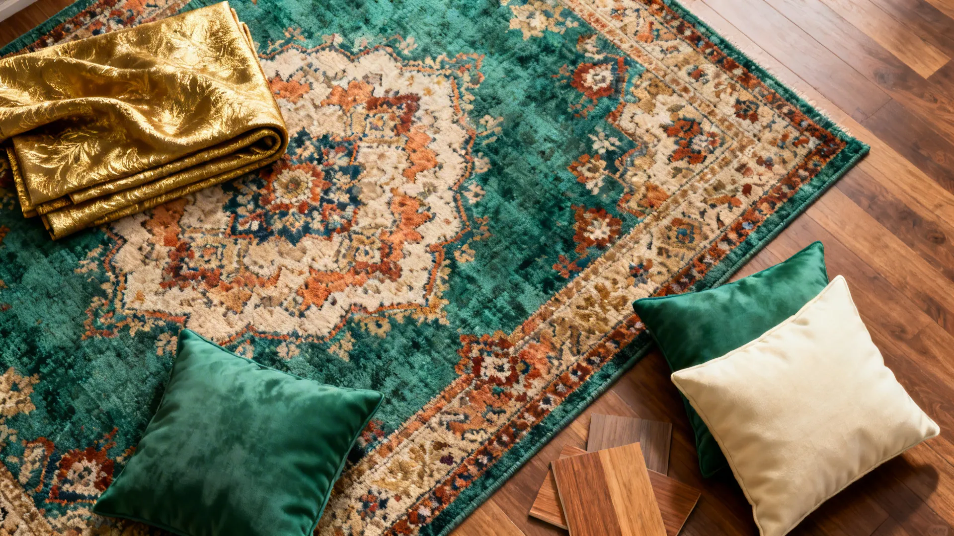 Top-down flatlay of a patterned jewel-toned rug with emerald cushions and a gold-thread throw on a wood swatch.