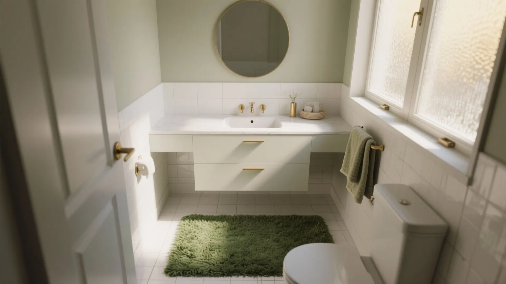 Modern bathroom with green walls white cabinet round mirror and a soft green floor rug