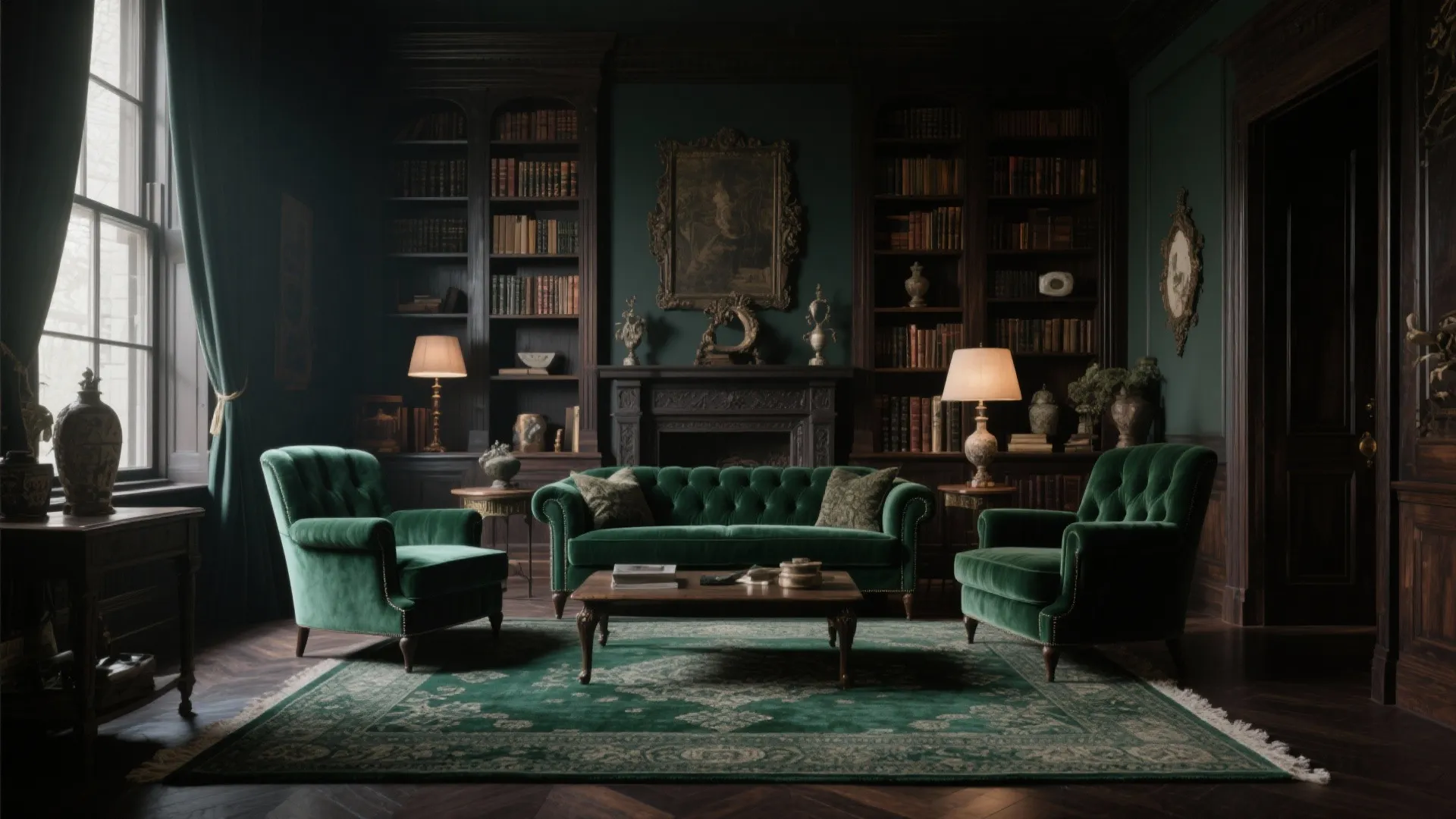 Emerald green rug anchoring a moody library-style living room
