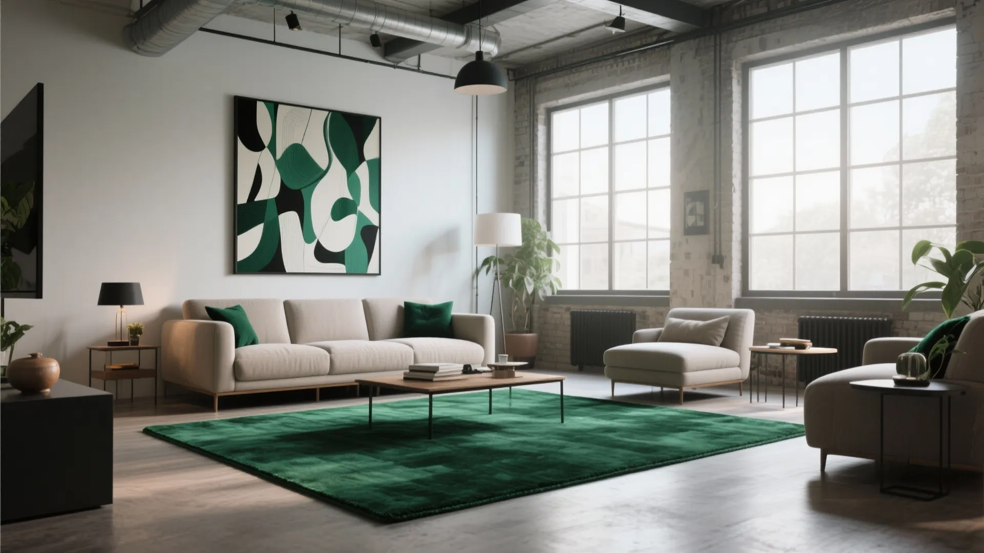 Industrial loft living room with green rug beige sofa large windows and modern wall art