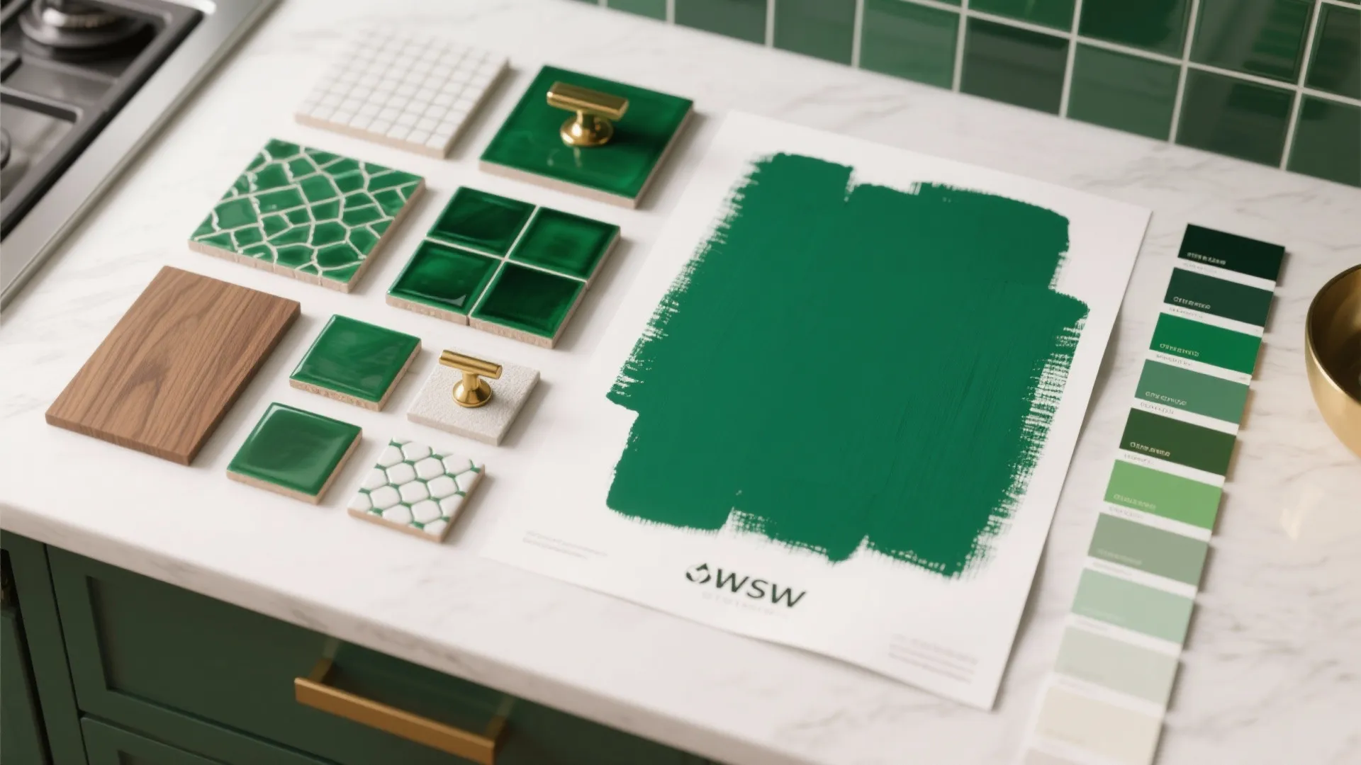 Green kitchen design material samples including tiles wood pieces paint swatches and gold cabinet handles