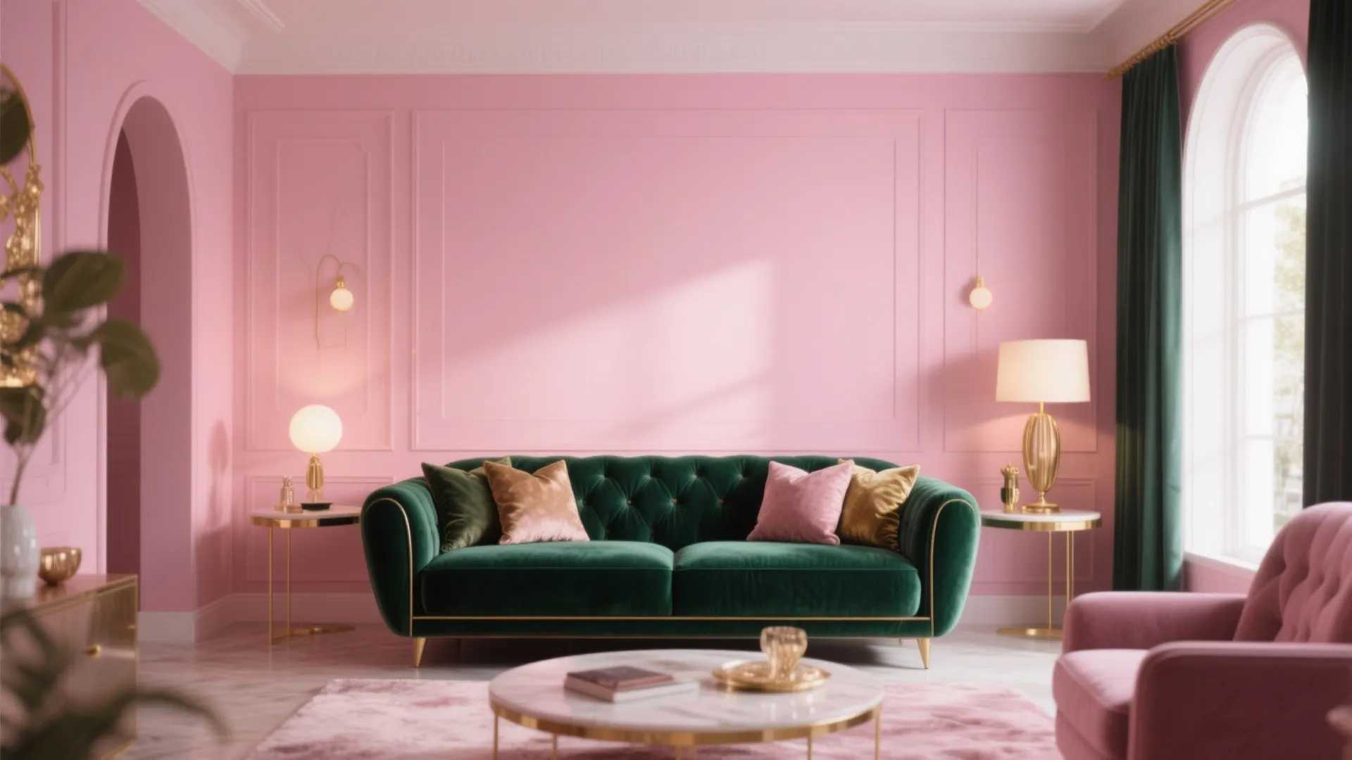 Emerald green sofa with pink pillows against pink wall panel with gold light fixtures and rug