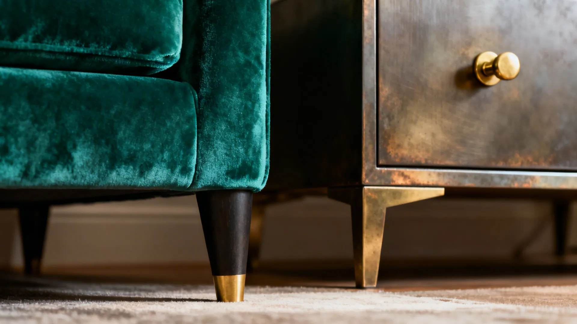Close-up of emerald velvet sofa leg and matte gold hardware on a console