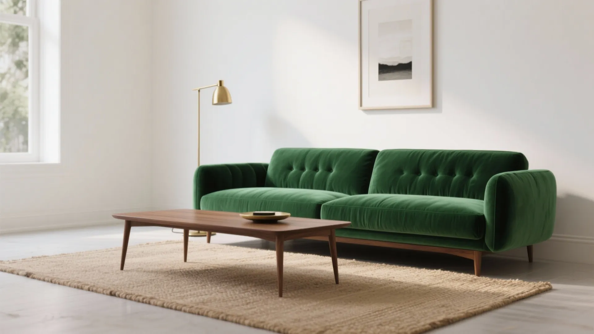 Minimalist living room with green velvet sofa wooden coffee table gold floor lamp and beige rug
