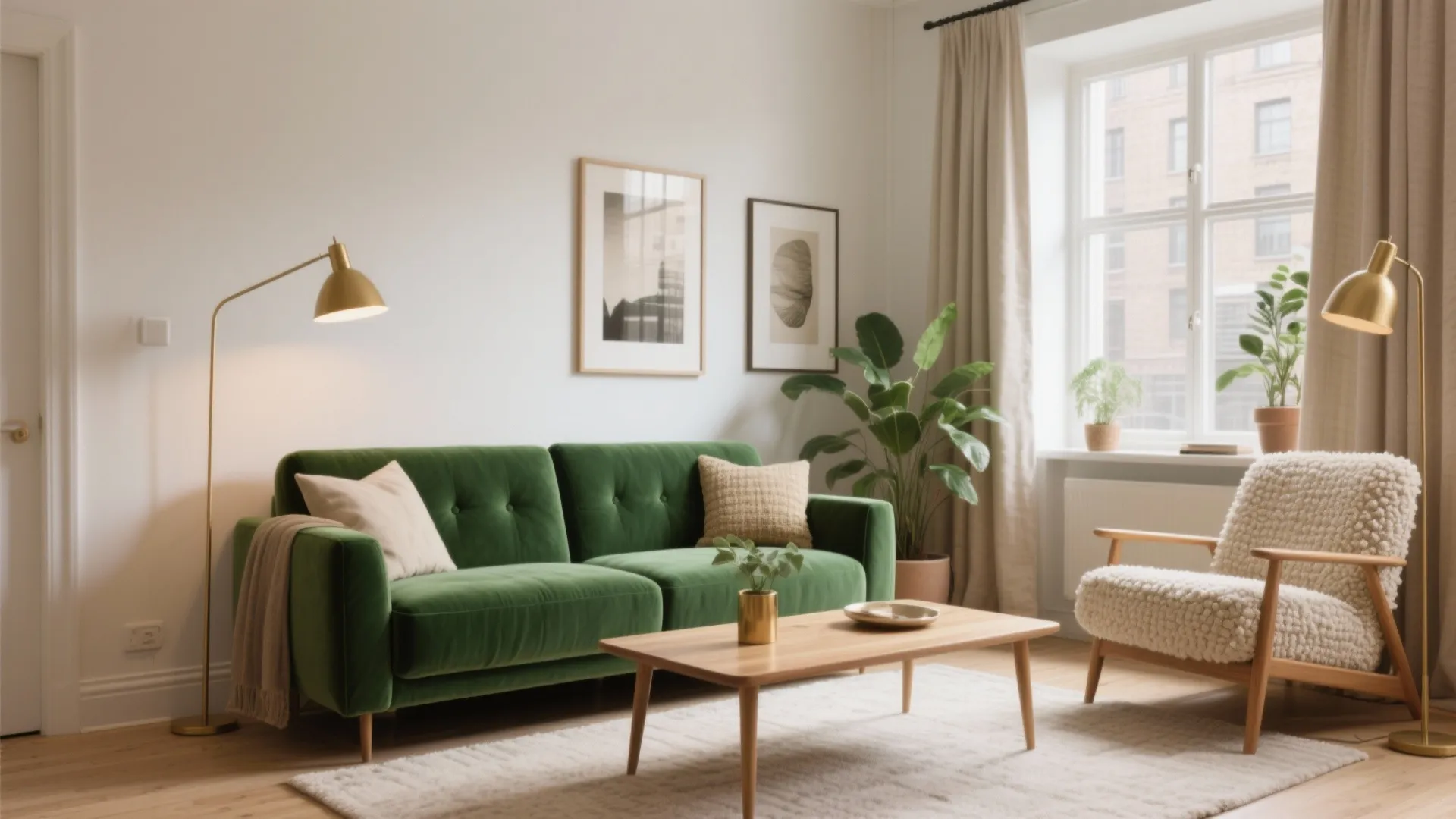 Modern living room with green sofa, wooden coffee table, white rug, gold floor lamp, and plants