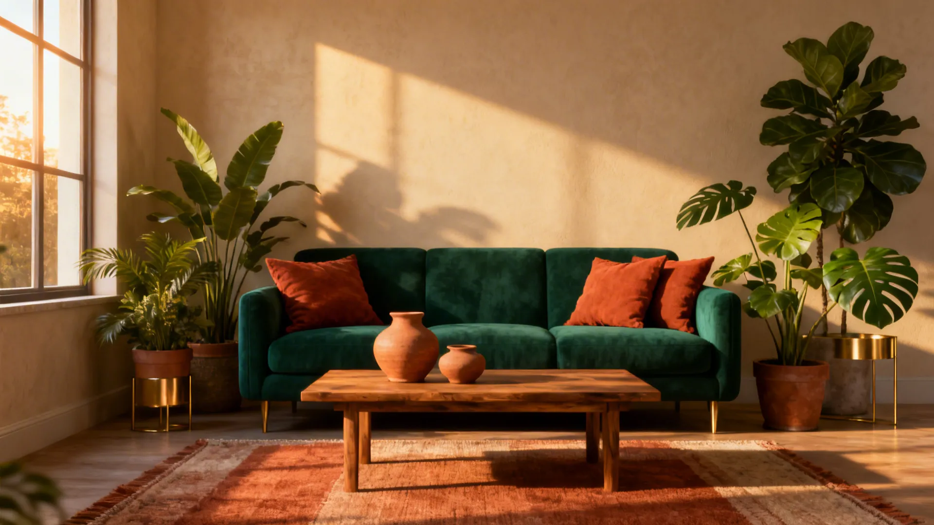 Modern living room with green sofa orange pillows wooden coffee table potted plants and warm sunlight