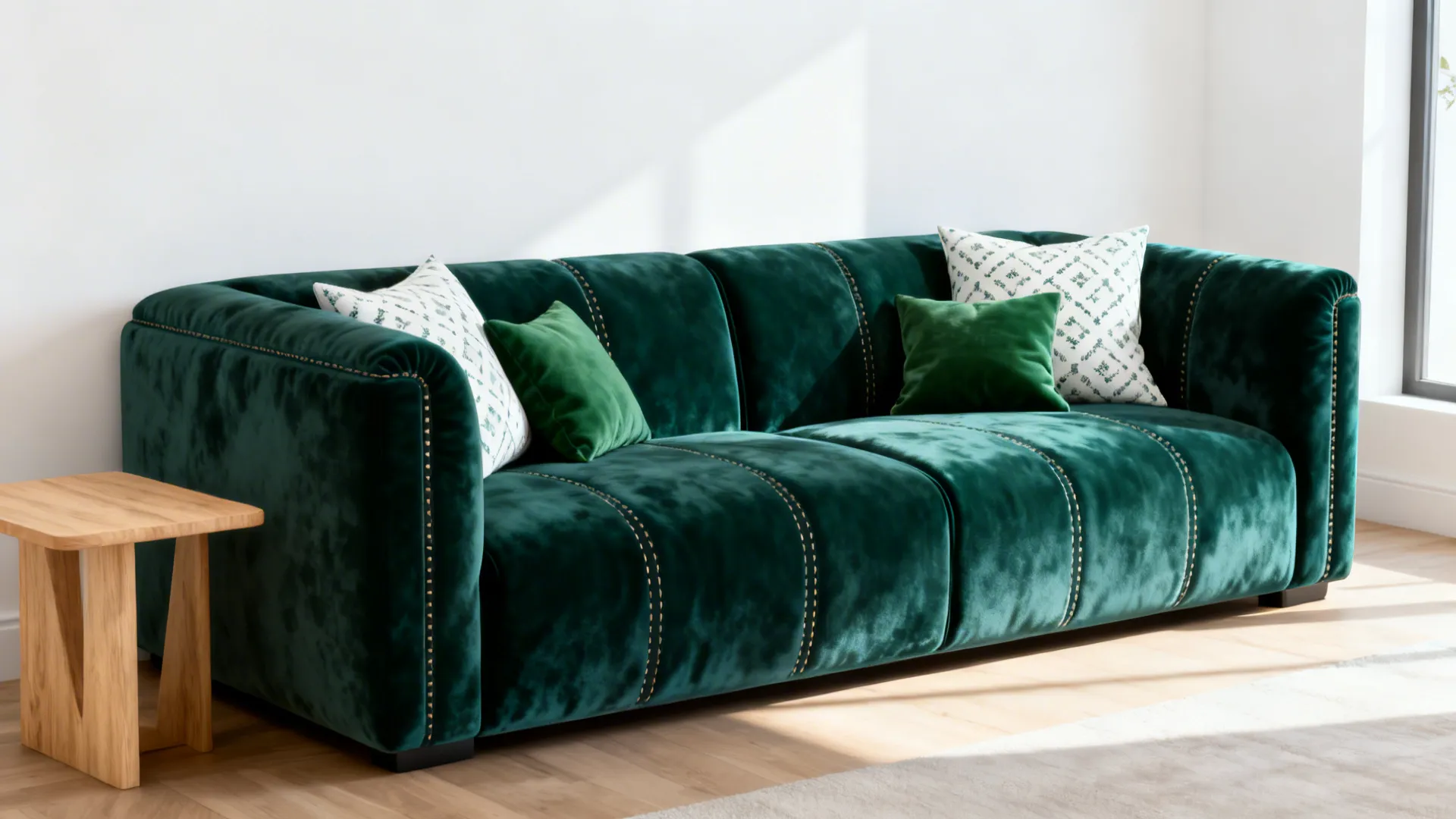 Emerald green sofa as focal point against a white wall with patterned cushions.