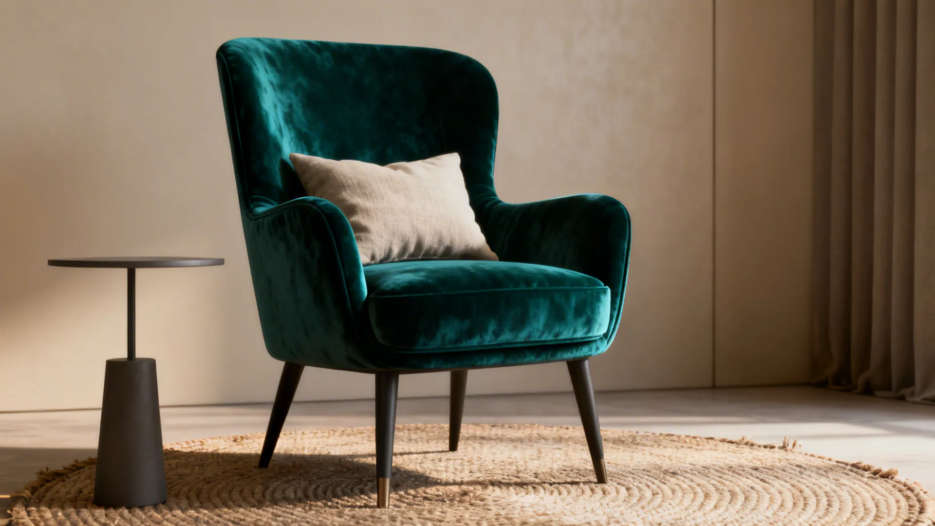 Emerald velvet upholstered statement chair anchoring a neutral living room.