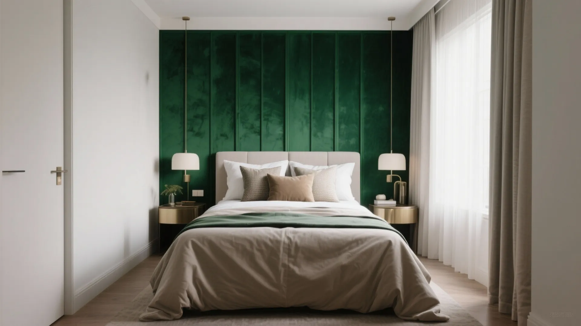 Modern bedroom with green velvet wall panel behind beige bed with gold side tables window