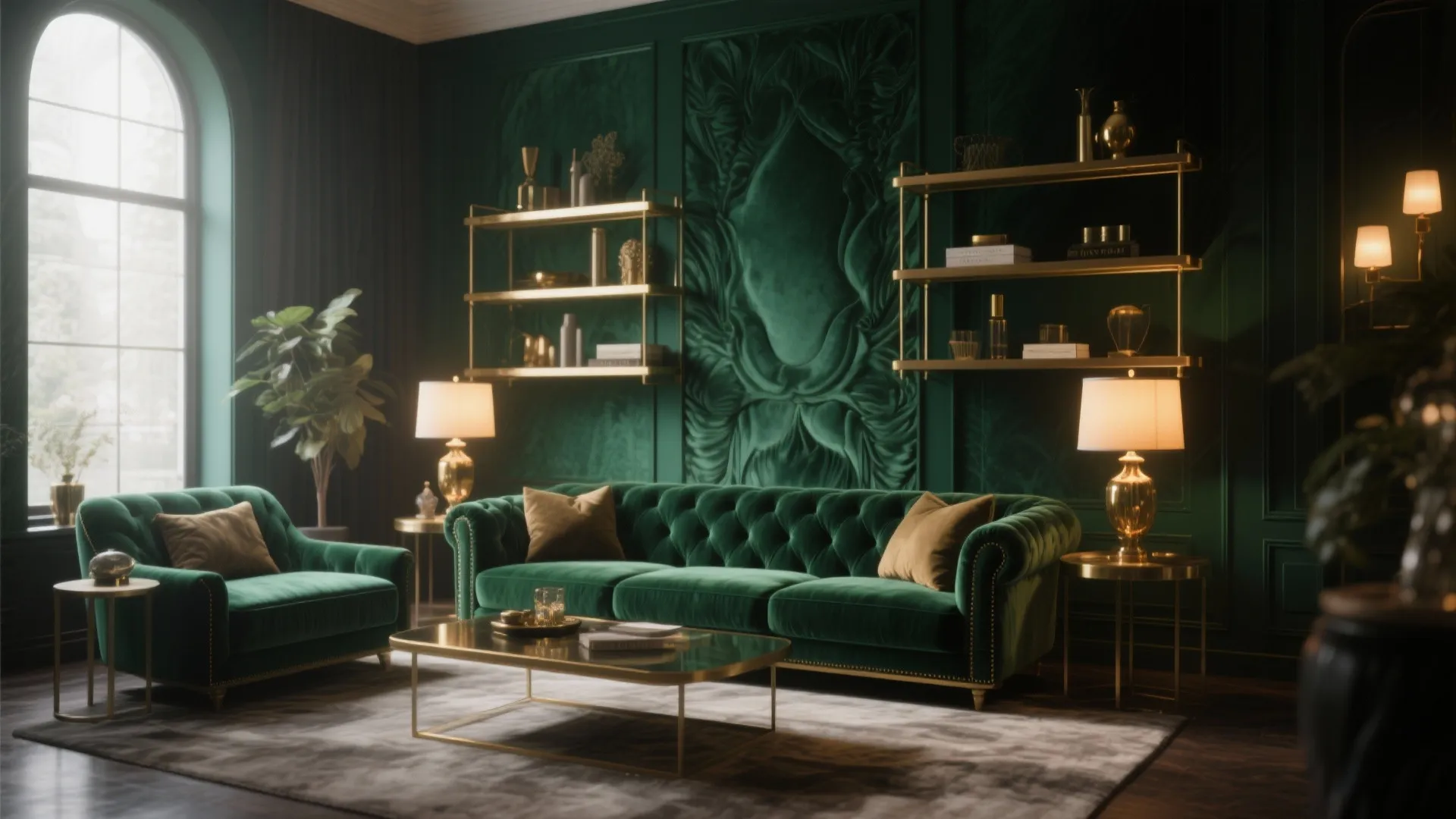 Luxurious green living room featuring velvet sofa gold shelving units matching wall panel and table lamps