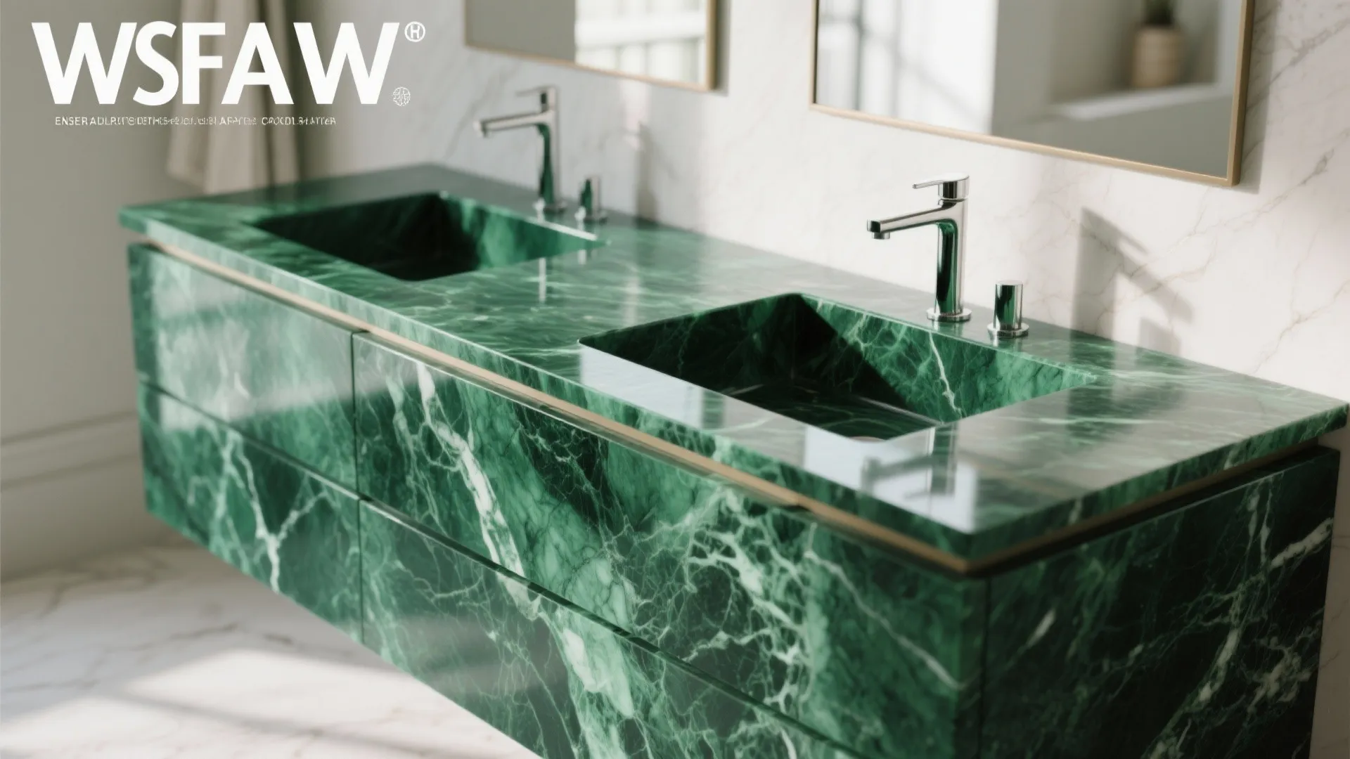 Modern green marble double sink cabinet with silver faucets and large mirrors in bright bathroom