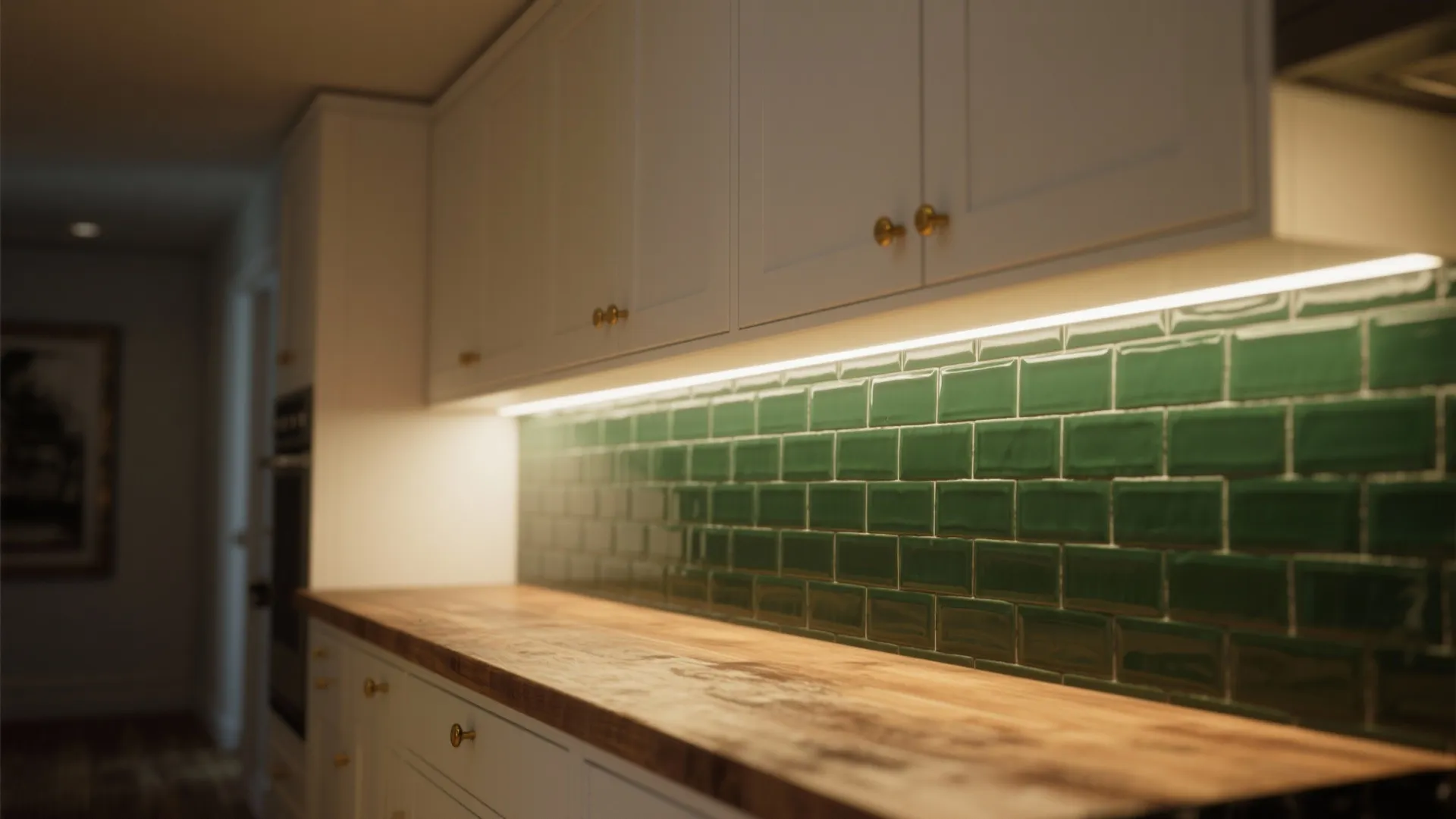 Narrow kitchen with deep emerald subway tiles on the lower wall, white cabinets and brass hardware
