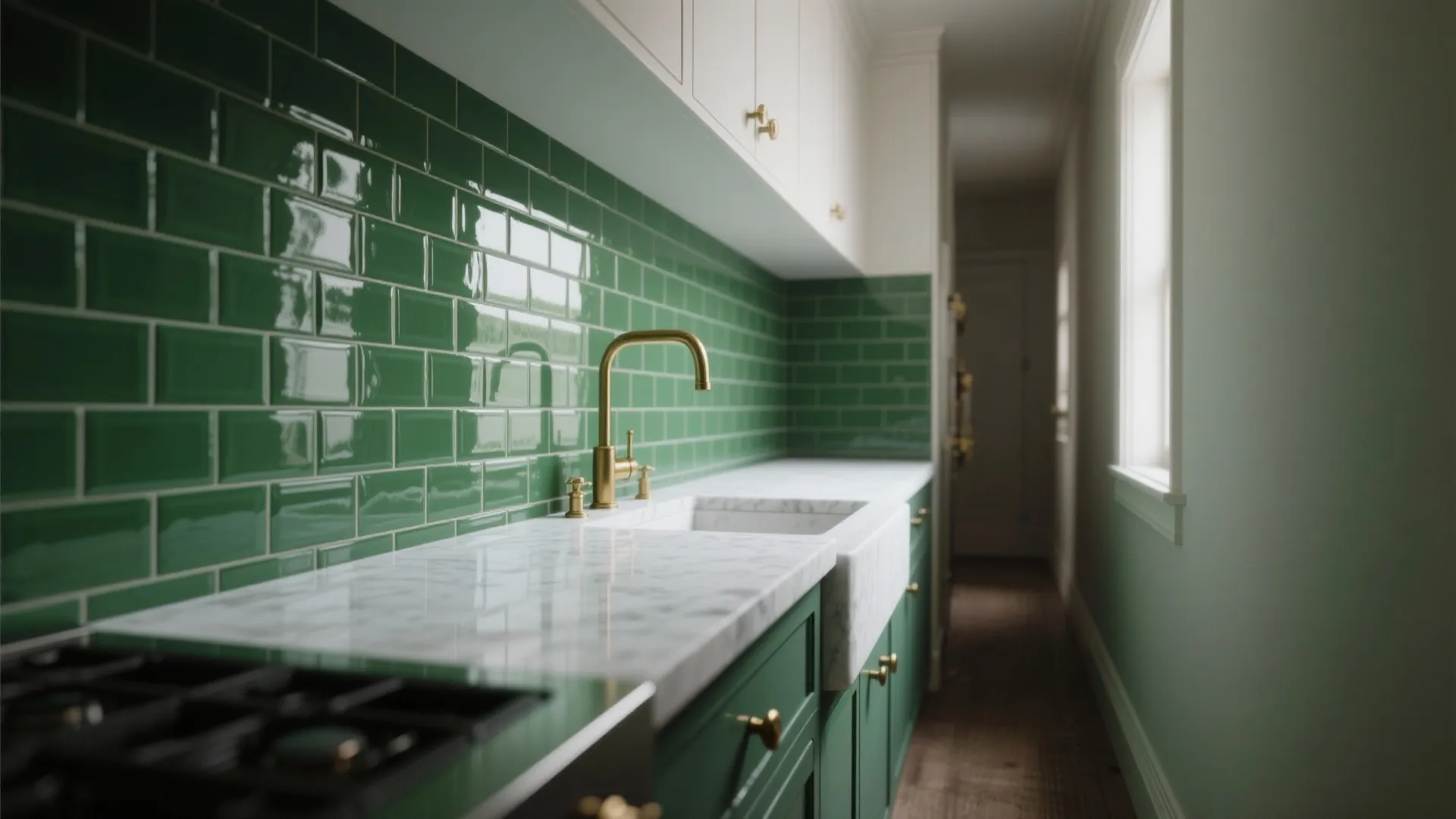 Narrow kitchen area with dark green tiles white marble countertop and a gold colored water tap