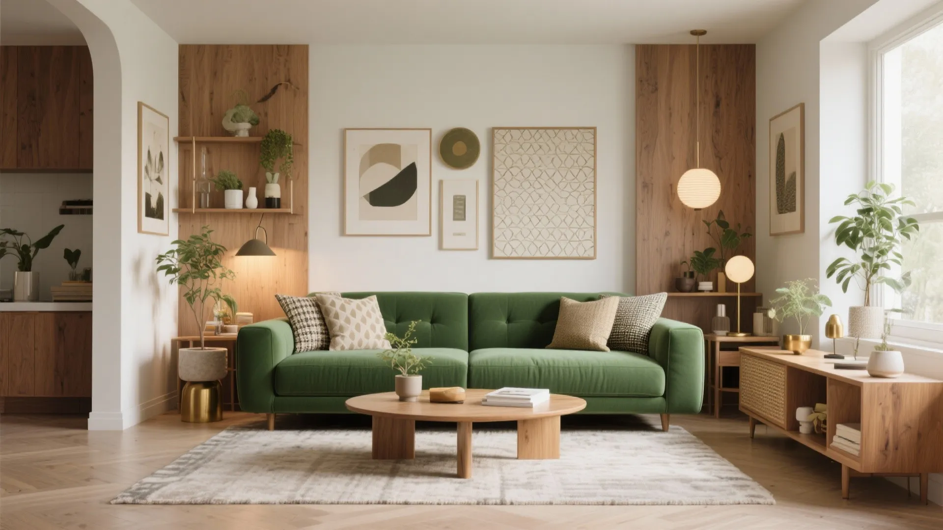 Modern living room with green sofa wooden coffee table light rug wall art and plants