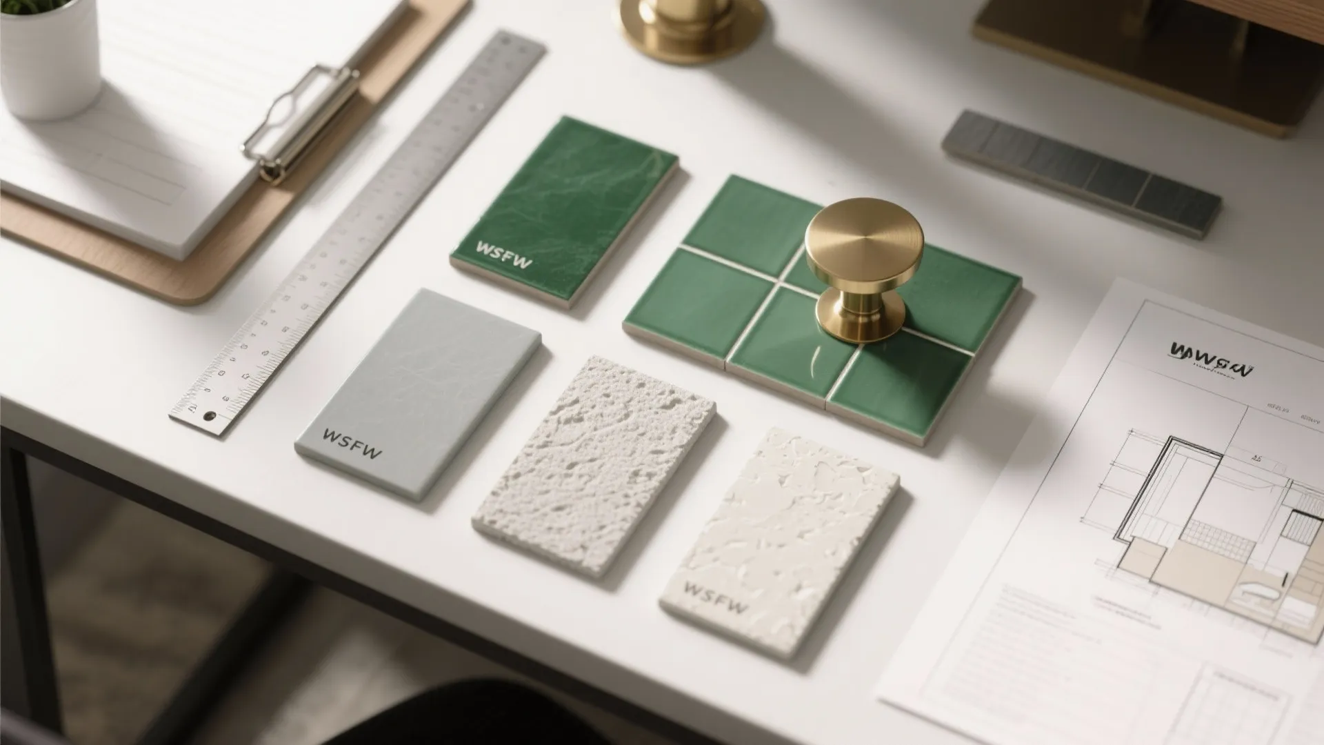 Tile and grout swatches with brass sample and room planner on a desk