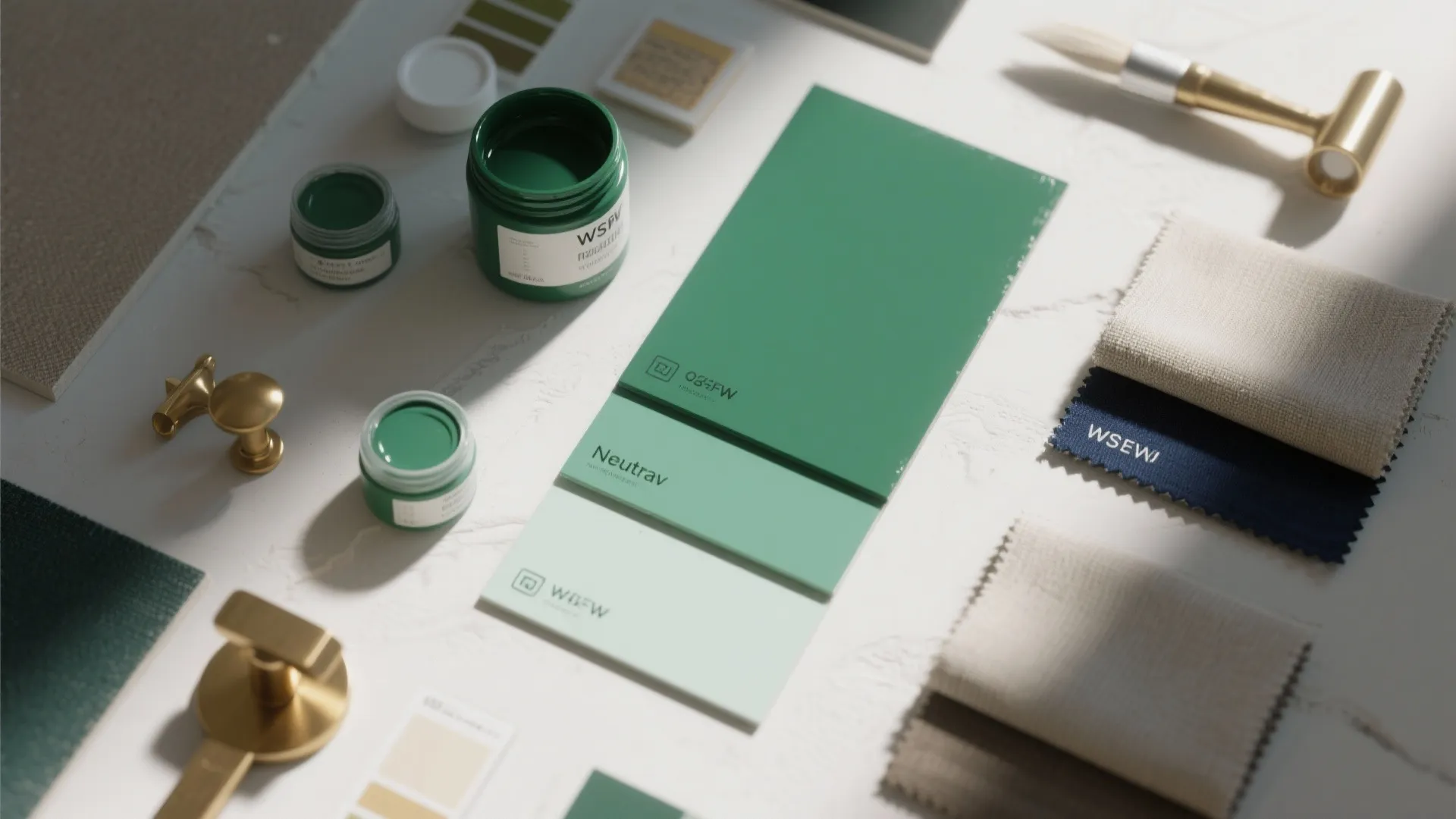 Top-down flat lay of emerald paint swatches, fabric samples, and brass hardware for testing combinations.