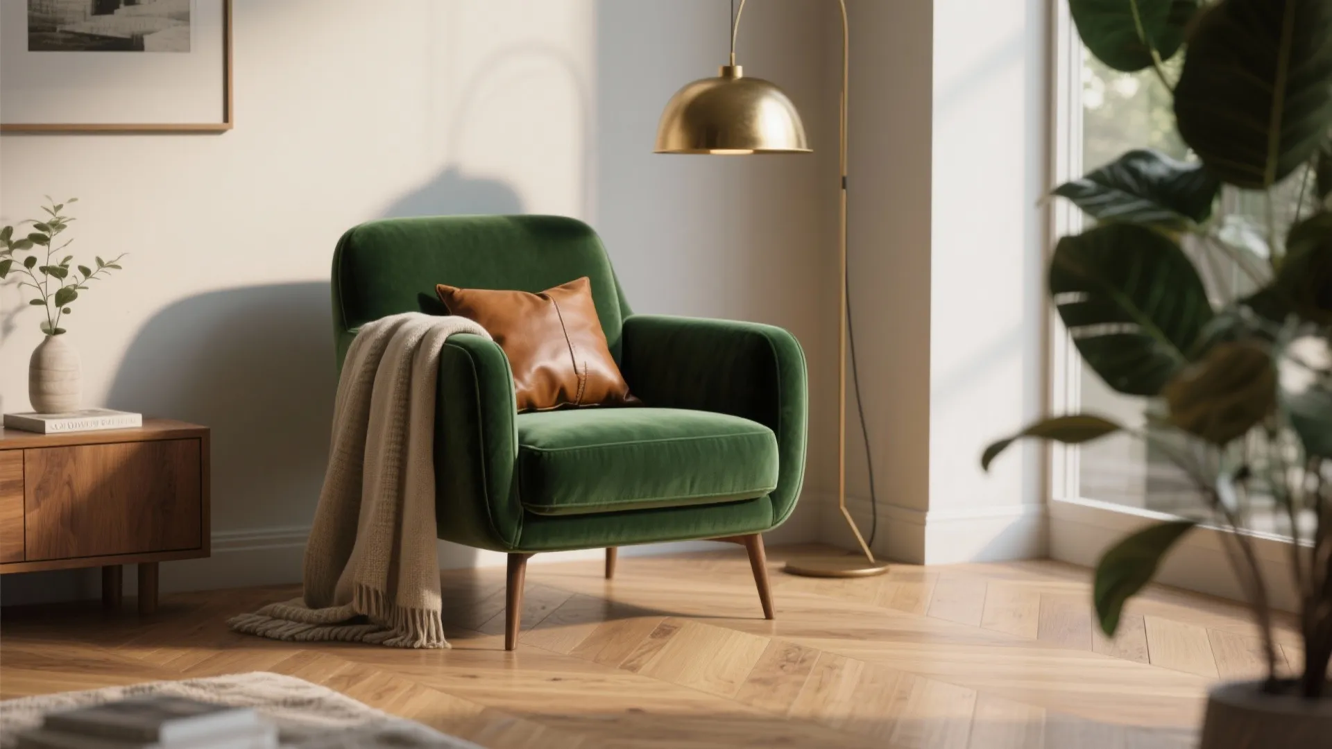 Velvet emerald armchair, oak floor, and matte brass lighting showcasing texture pairings.