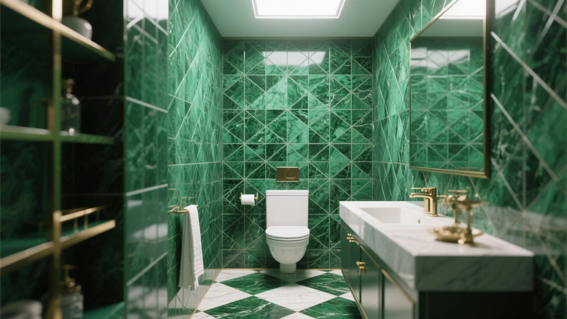 Luxury bathroom with emerald green marble wall tiles checkered floor white toilet and gold faucet fixtures