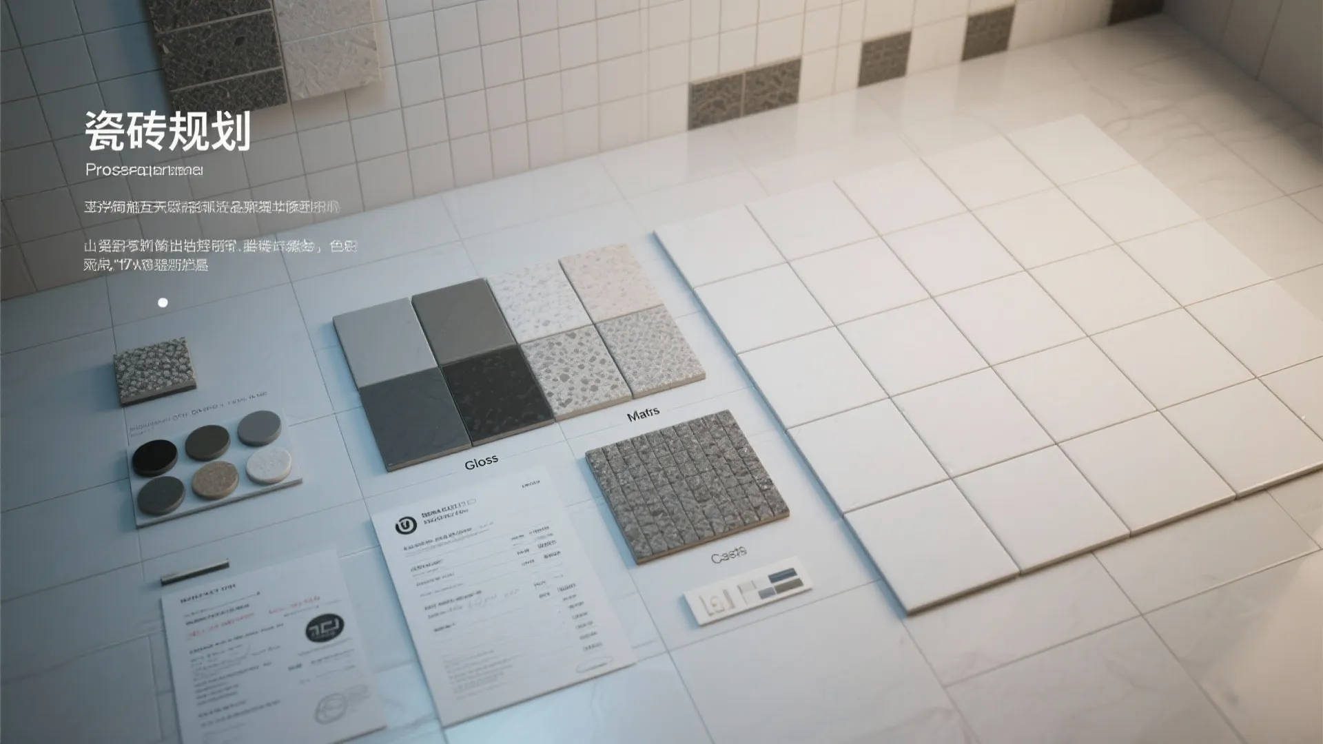 Top-down tile planning layout with gloss and matte samples and grout swatches.