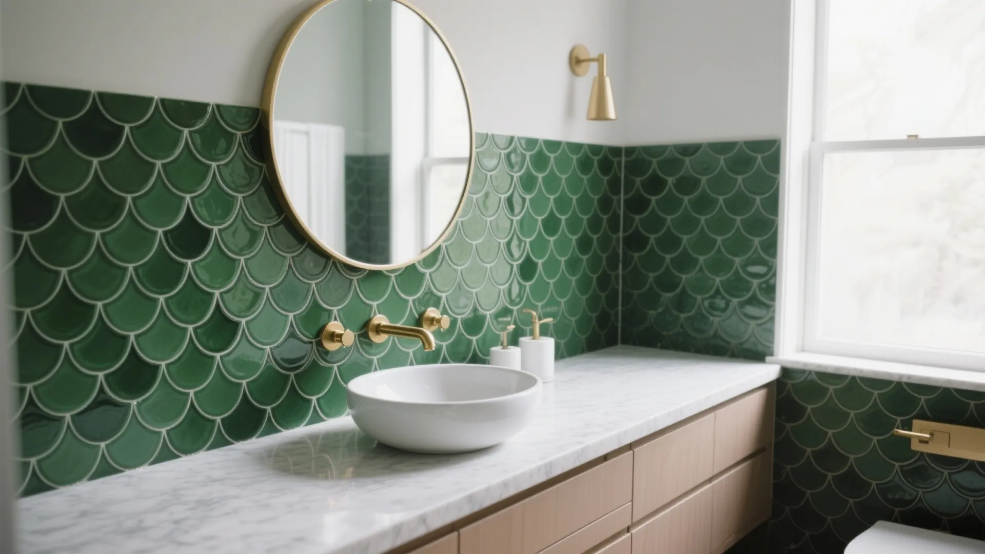Green fish scale wall tiles behind white round sink on marble counter with gold mirror