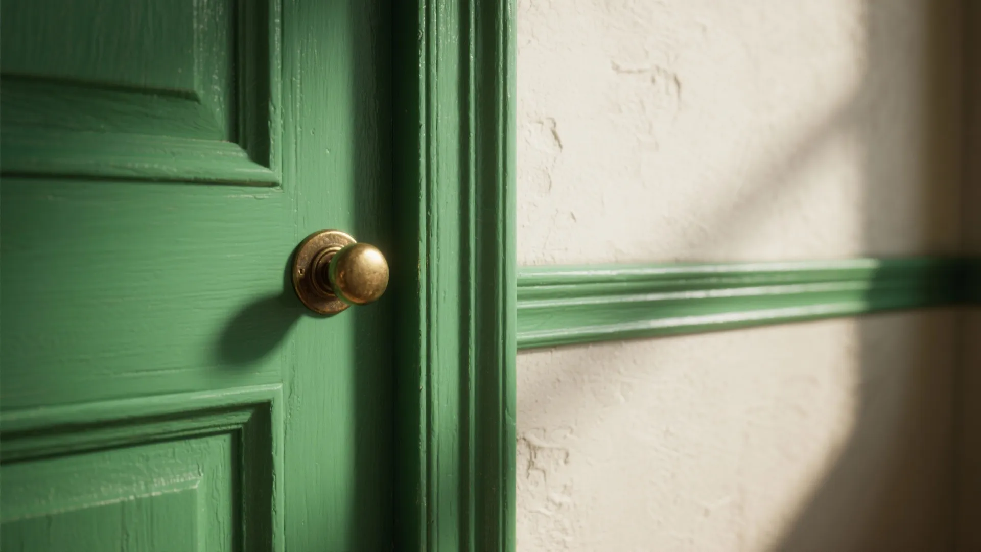 Close-up of emerald-painted door and trim with brass knob and neutral plaster wall.