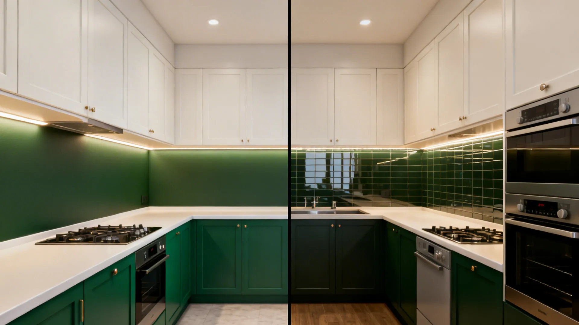 Before and after comparison of green kitchen with smooth wall versus dark green glossy wall tiles