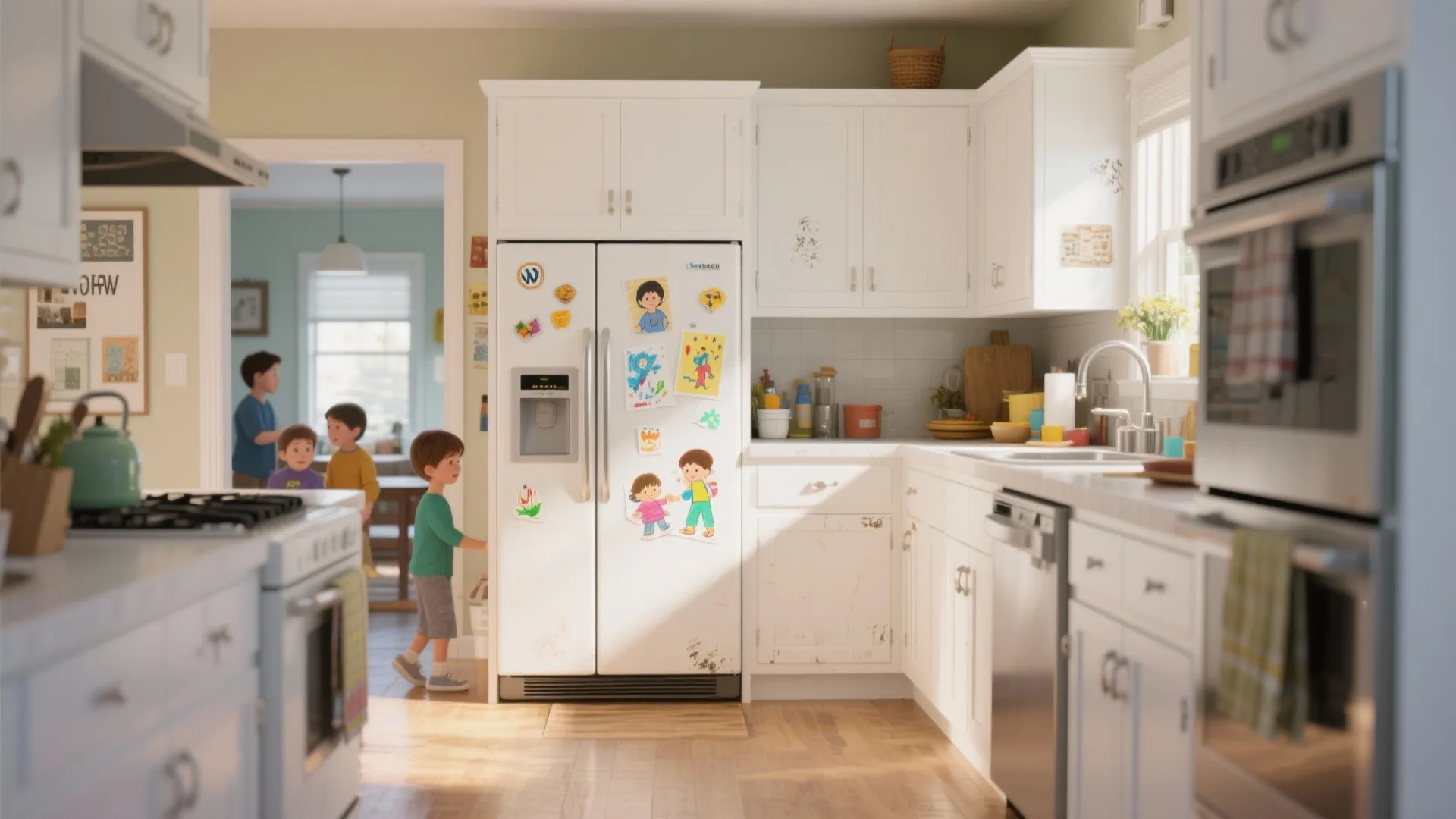 Family kitchen with durable semi-gloss white cabinets showing resilient, scuff-resistant enamel finish.