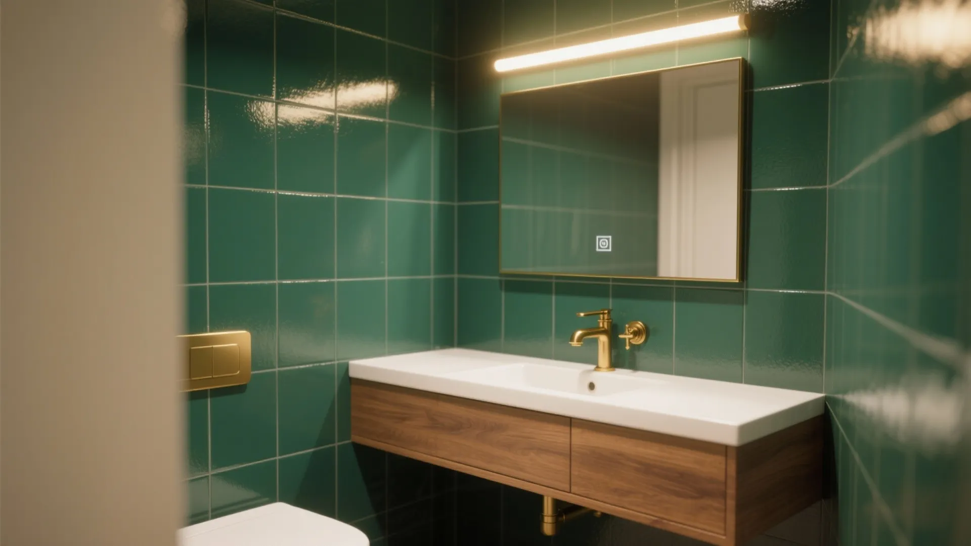 Green wall tiles in bathroom with wood cabinet white sink gold water faucet and mirror