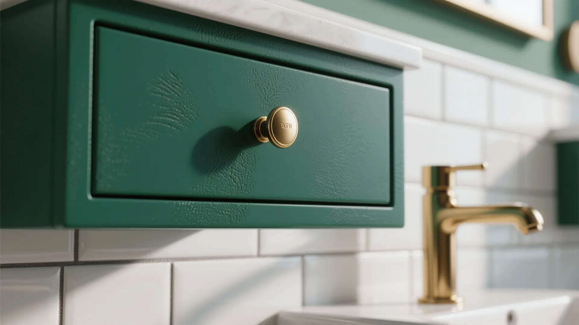 Close-up of deep emerald matte vanity with brass hardware and white subway tile