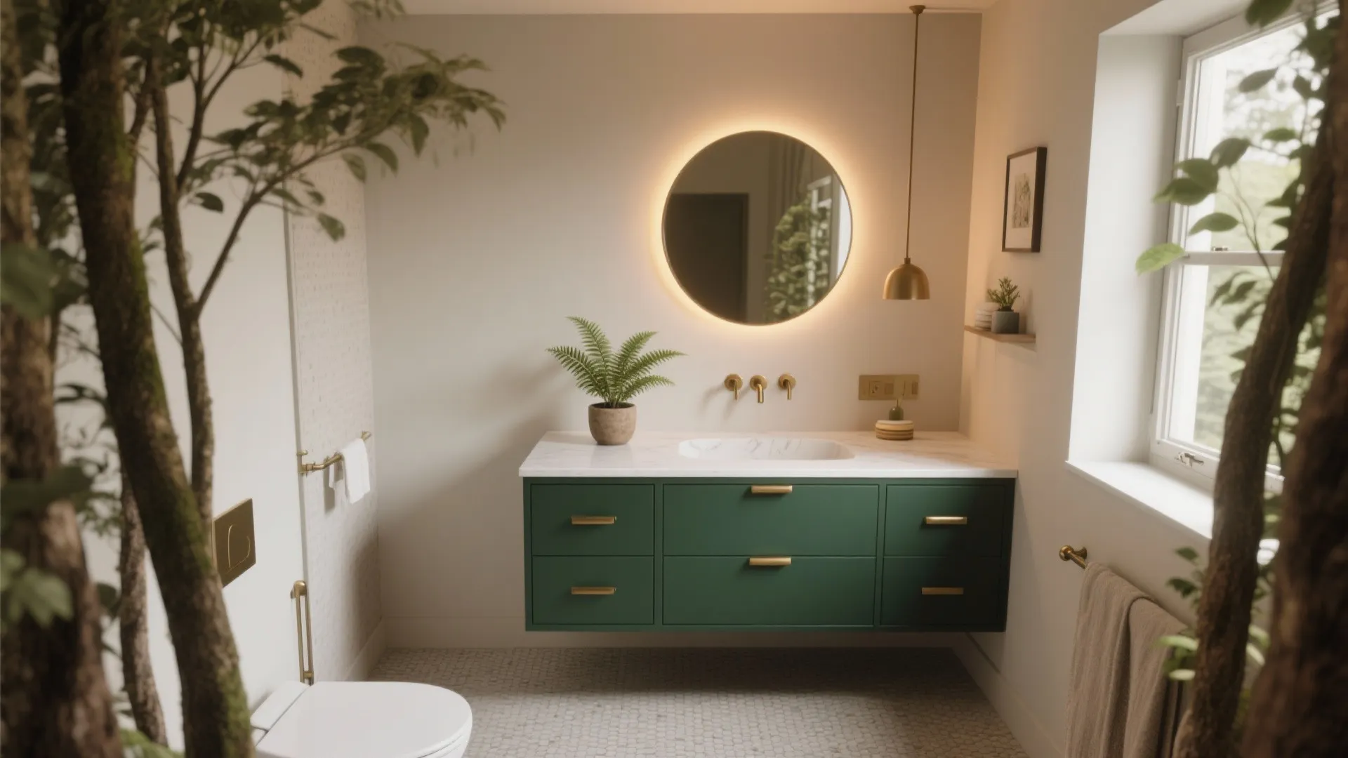 Green bathroom cabinet with white marble top round lit mirror and gold wall light fixture